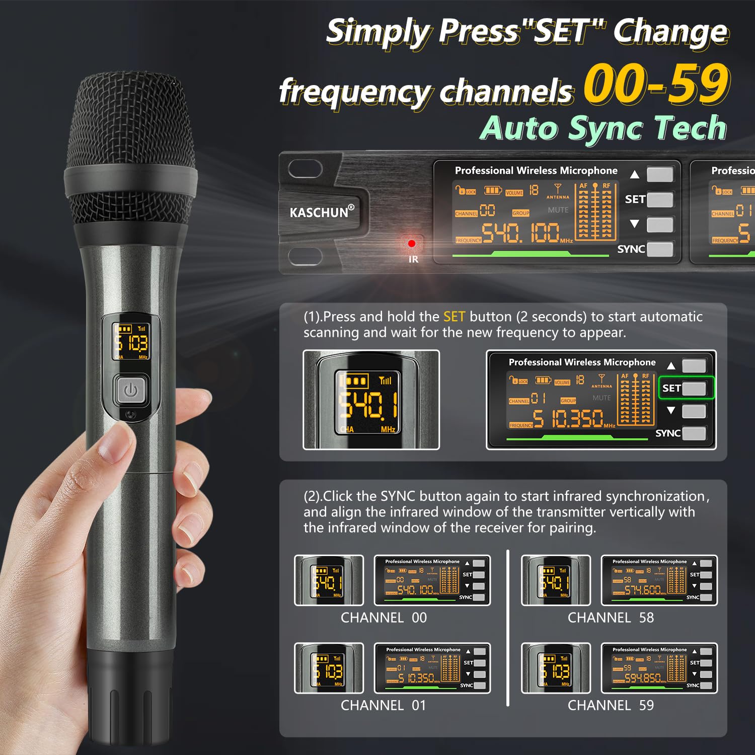 Professional 4-Channel Wireless Microphone System with Auto Scan - 328ft Range, 2/4 Handheld Dynamic Mics for Singing, Church, DJ Party & Karaoke | Perfect for Live Performances, Worship Services & Events (KS-780)