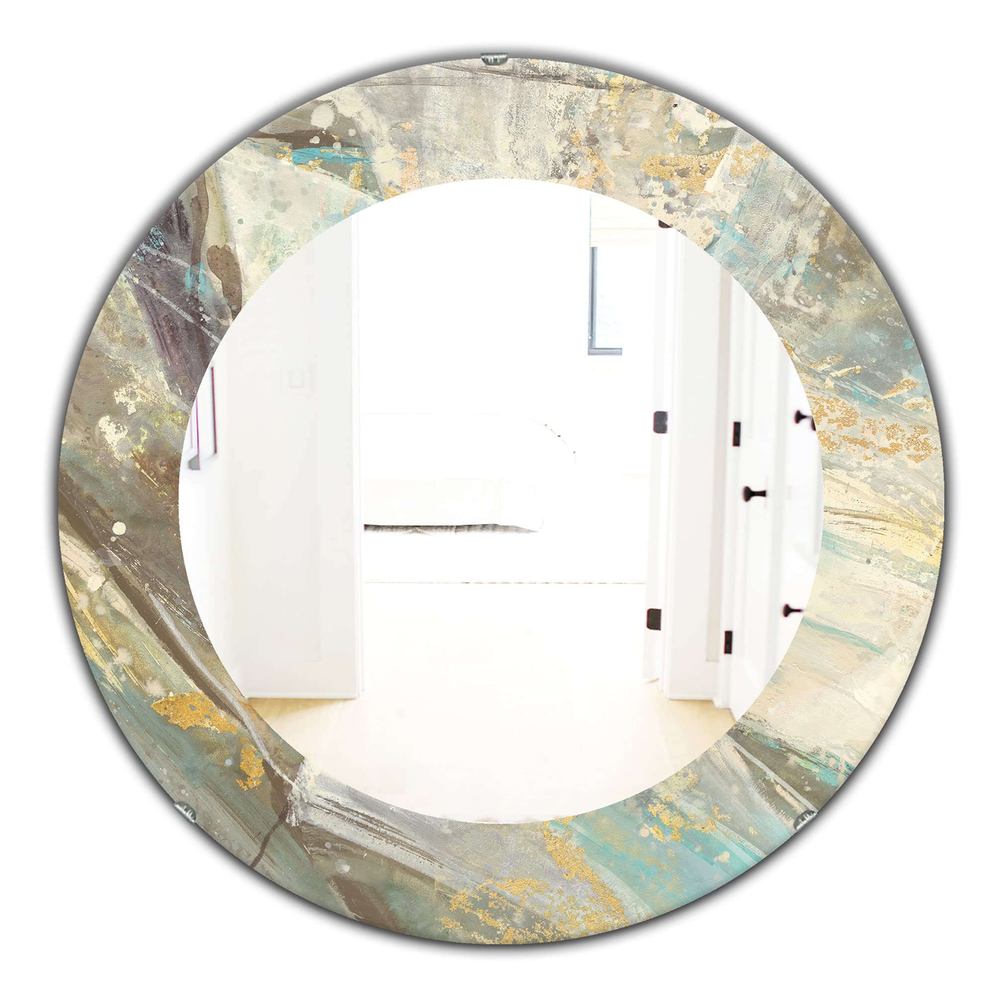 Designart 'Blue Geometric Water' Modern Framed Wall Mirror - Large 32x32 Inch Oval or Round Decorative Mirror in Beige - Perfect for Living Room, Bedroom & Office Décor