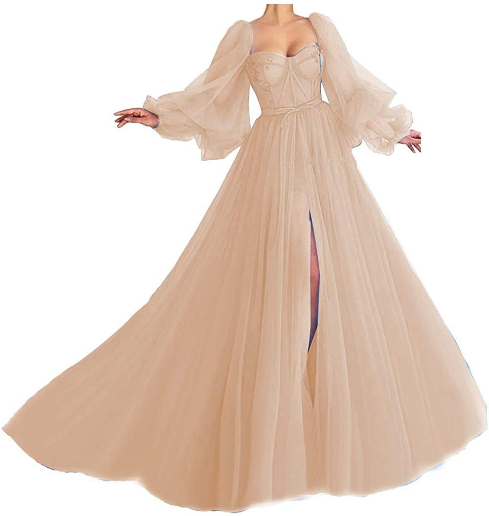 Elegant Long Sleeve Sweetheart Neckline Tulle Prom Dress for Women | Formal Ball Gown | Perfect for Homecoming, Prom Night & Special Occasions