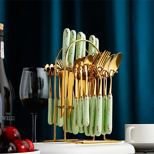 24-Piece Stainless Steel Gold Silverware Set - Luxury Cutlery with Knife, Fork & Spoon - Dishwasher Safe Dinnerware Set with Storage Rack - Elegant Light Green Tableware for Wedding, Party & Fine Dining (BY ZZYY)