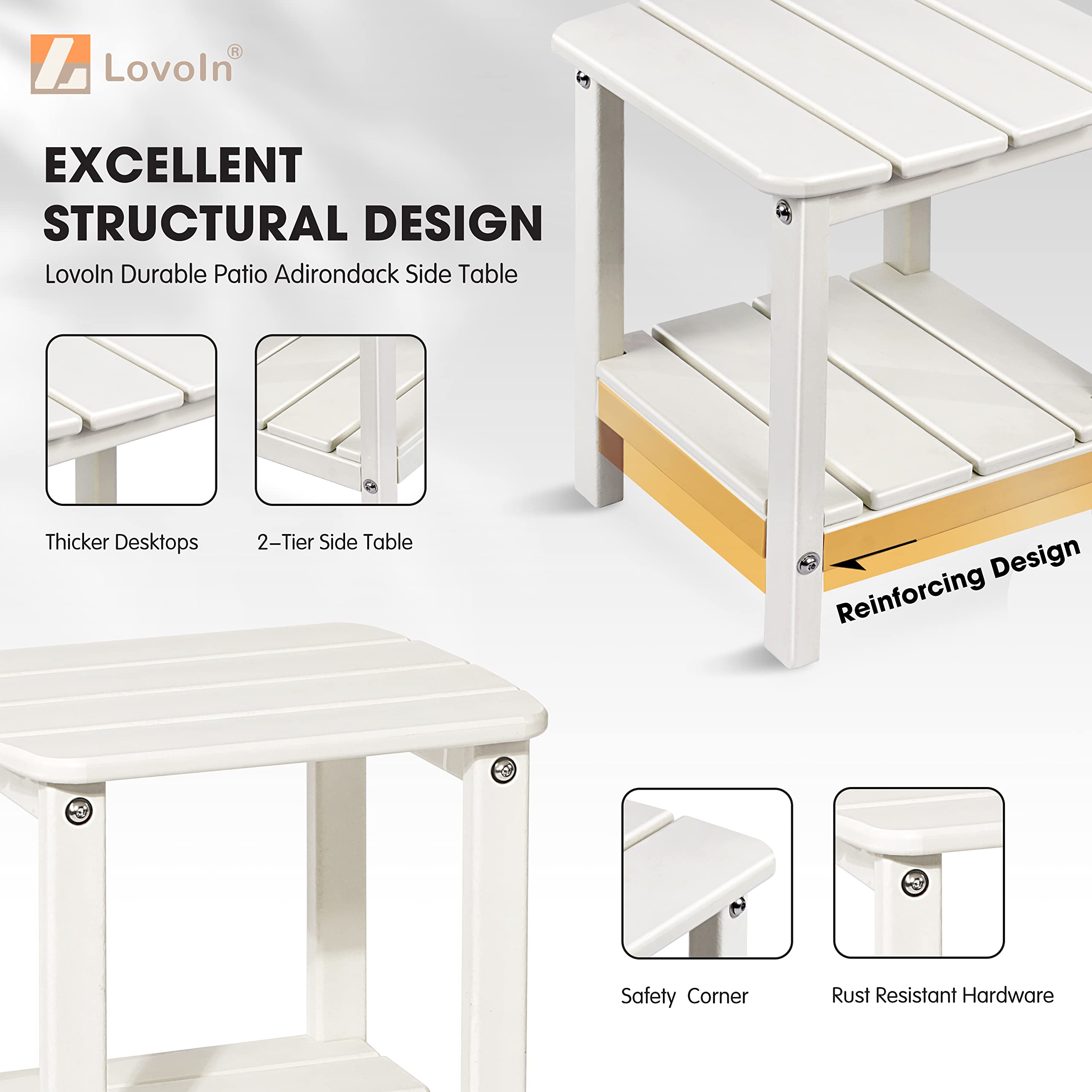 LovoIn Adirondack Outdoor Side Table - Weather Resistant HDPE Poly Lumber End Table for Patio, Poolside & Indoor Use - Low Maintenance Off-White Furniture for Relaxing in Your Garden or by the Pool