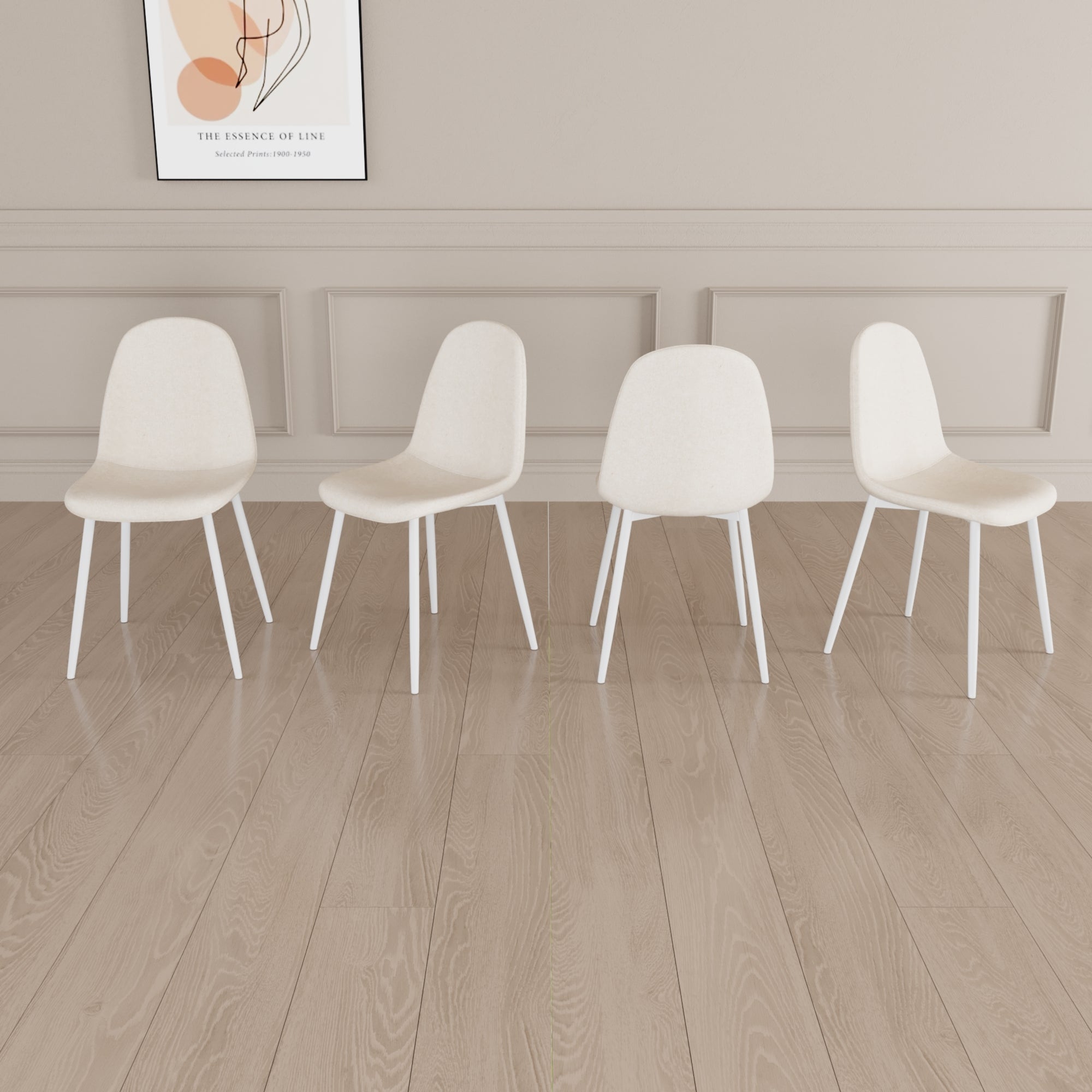 Modern Dining Chair Set of 4 - Linen Upholstered Spoon Back Accent Chairs with White Metal Legs for Kitchen & Dining Room - Beige | Perfect for Home Decor, Small Spaces & Entertaining Guests