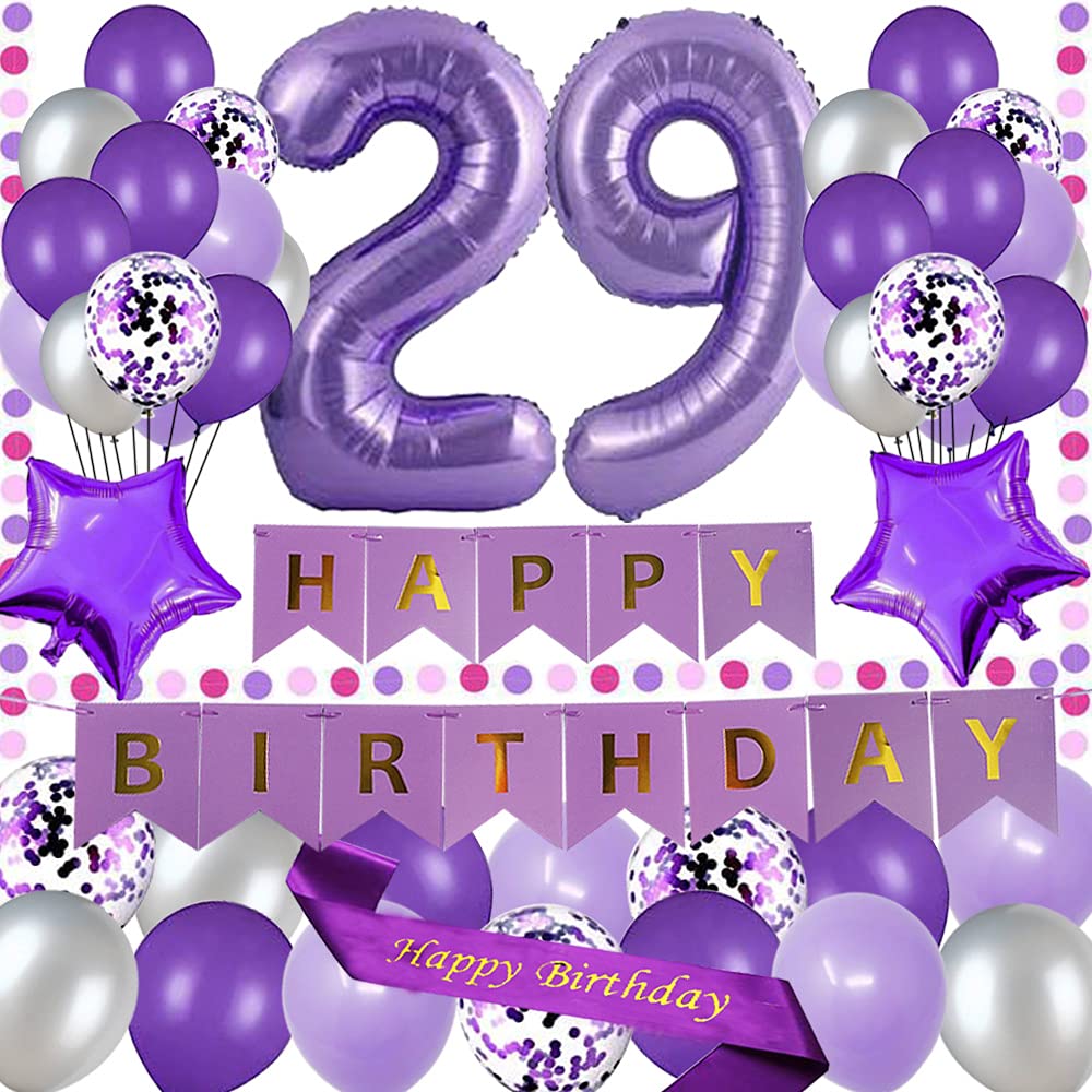 29th Birthday Party Decorations - Purple Happy Birthday Banner, 40 Inch Number 29, Sash, Latex & Confetti Balloons - Perfect for 29 Year Old Birthday Party Supplies | Great for Milestone Celebrations, Photo Backdrops & Surprise Parties