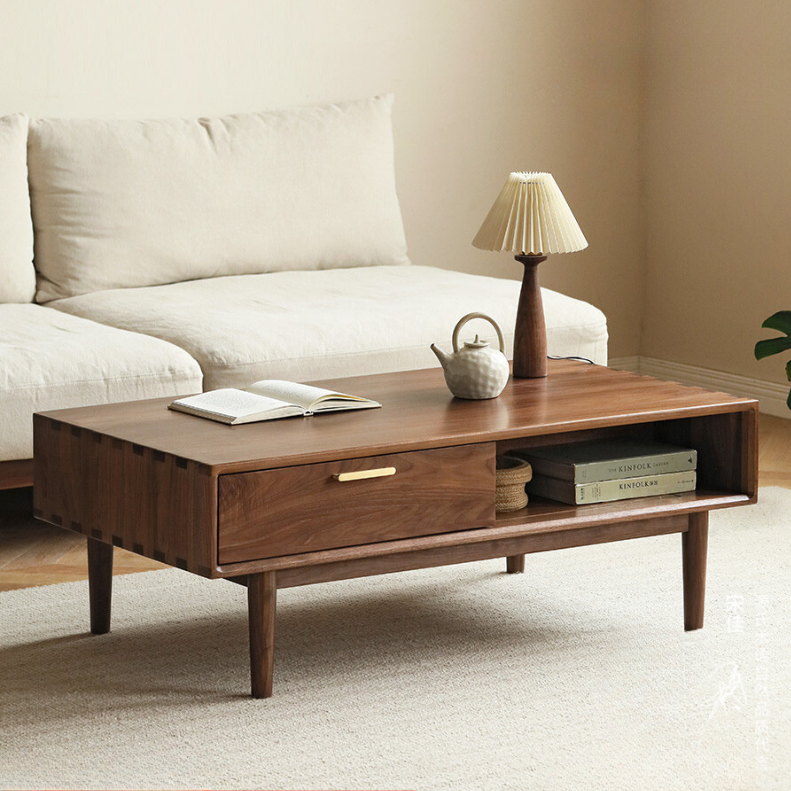 Solid Black Walnut Wood Storage Coffee Table with Rock Plate - Rustic Living Room Furniture for Home Decor & Organization