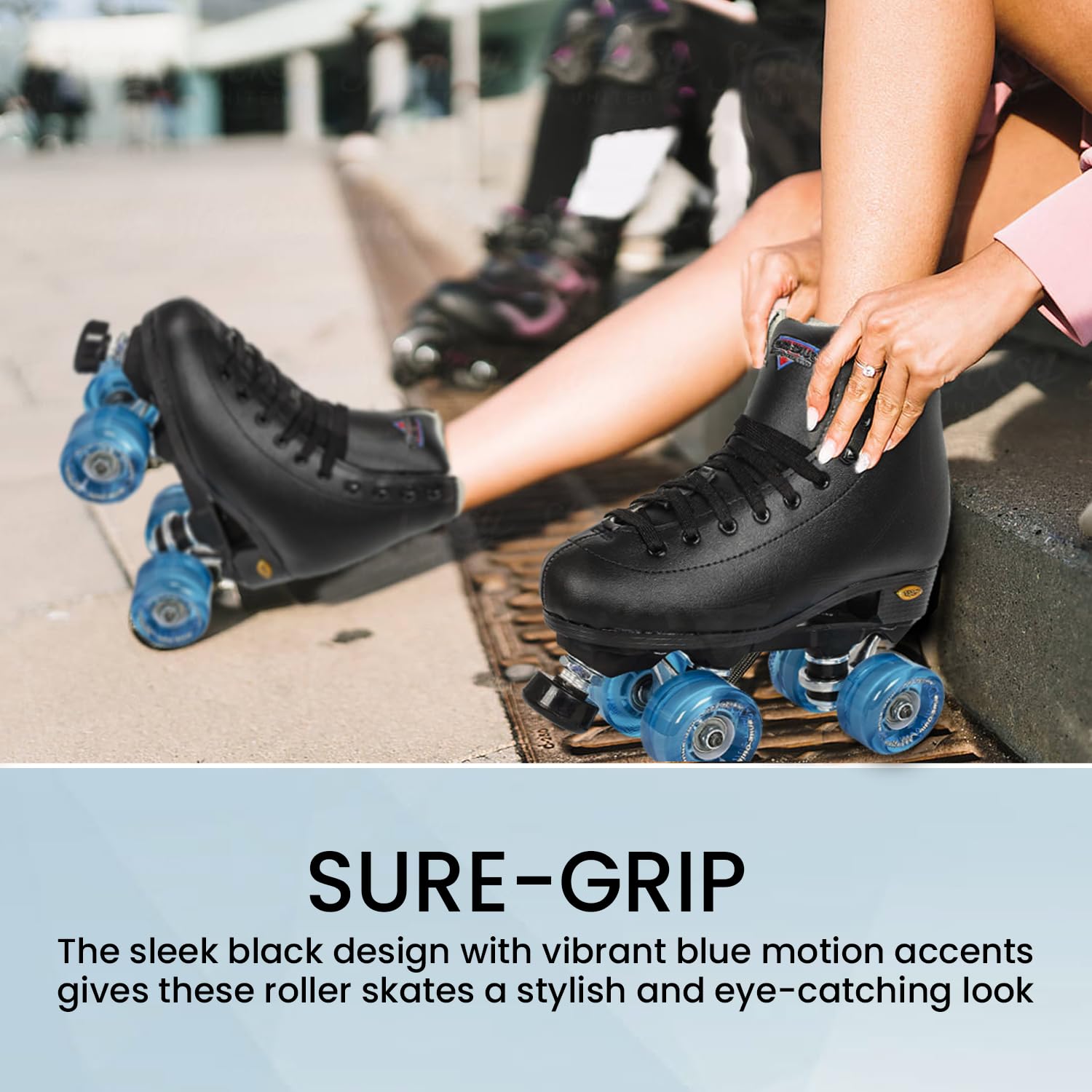 Sure Grip Fashion Fame Unisex Outdoor Roller Skates - Premium Leatherette Construction, Adjustable Rubber Toe Stop, 78A Soft Outdoor Wheels & Durable Nylon Rock Plates - Black & Blue - Perfect for Park Trails, Fitness Skating & Urban Adventures