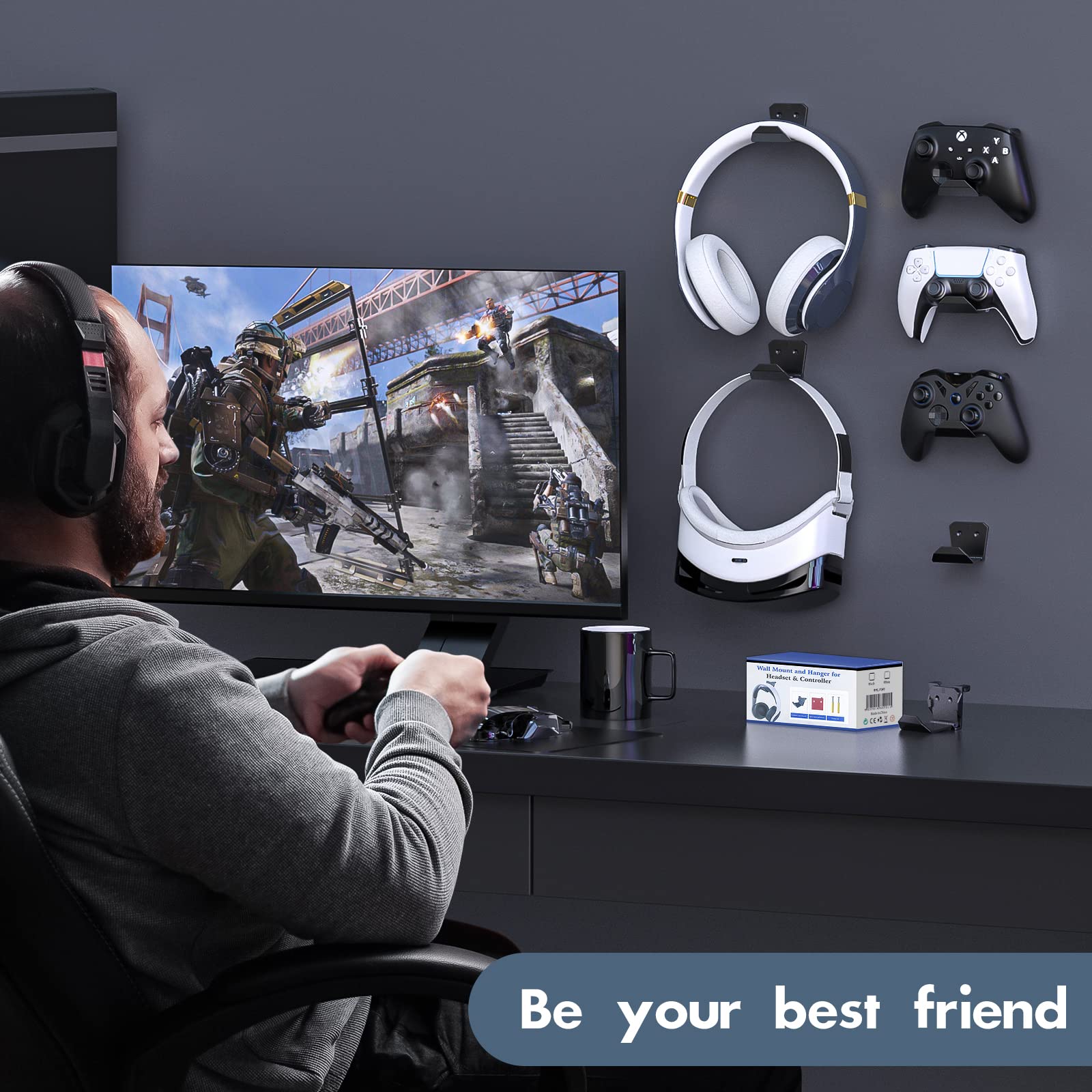 6 Pack Wall Mount Controller & Headphone Holder for PS5, PS4, Xbox & Switch - Adhesive Gaming Accessories Stand with Headset Hook - Perfect for Bedroom, Game Room & Office Organization