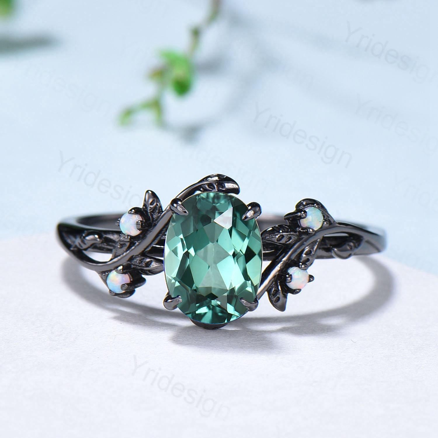 Natural Inspired Black Gold Green Sapphire Wedding Ring Set - Unique Leaf Engagement Ring, Art Deco Cluster Opal Band Ring for Women - Bridal Jewelry Set for Weddings, Anniversaries & Special Occasions