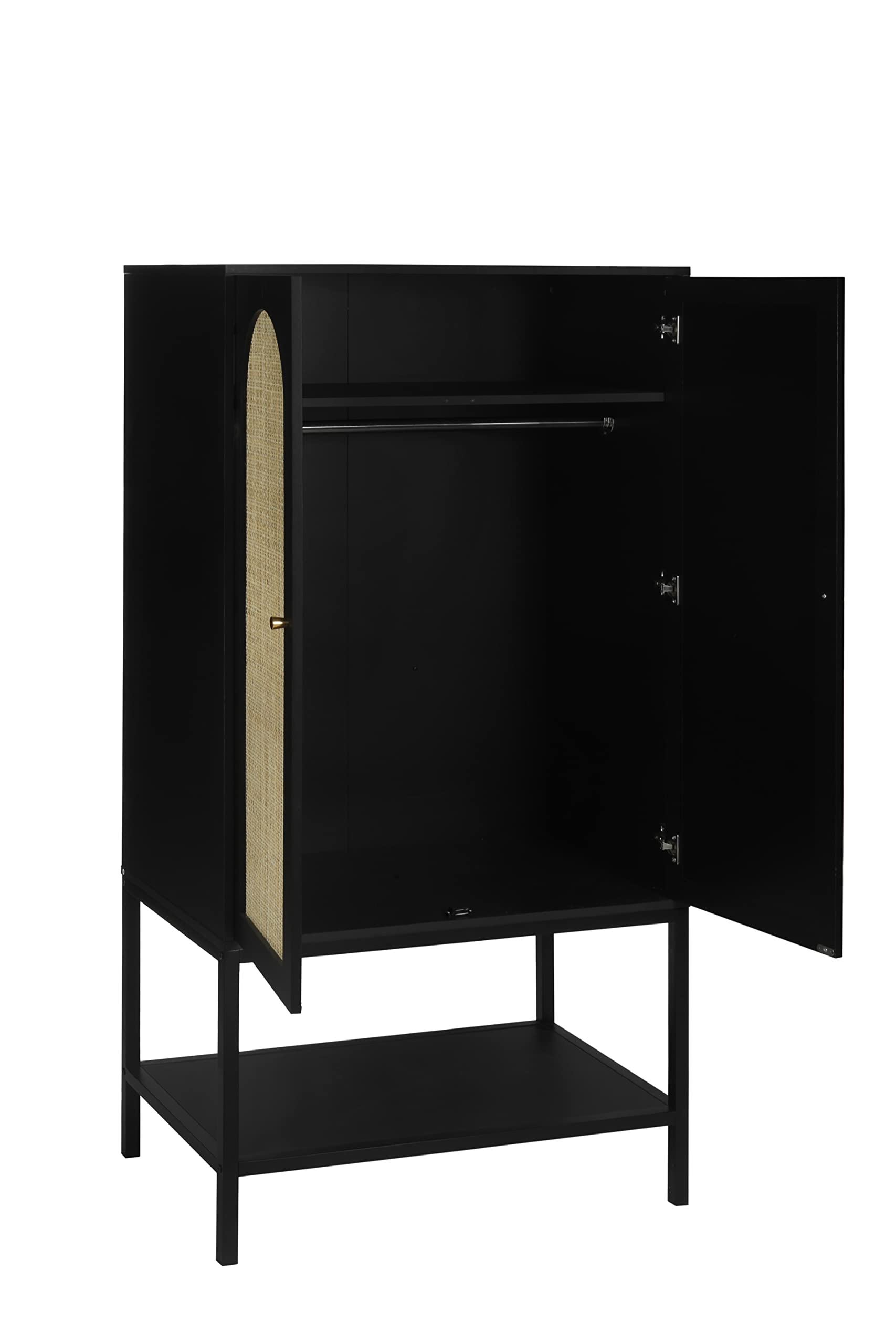 Rattan Freestanding Wardrobe Closet with Storage Cubes & Hanging Rod - 2-Door Black Bedroom Armoire for Clothes Storage | Perfect for Small Spaces, Dorm Rooms & Apartment Organization