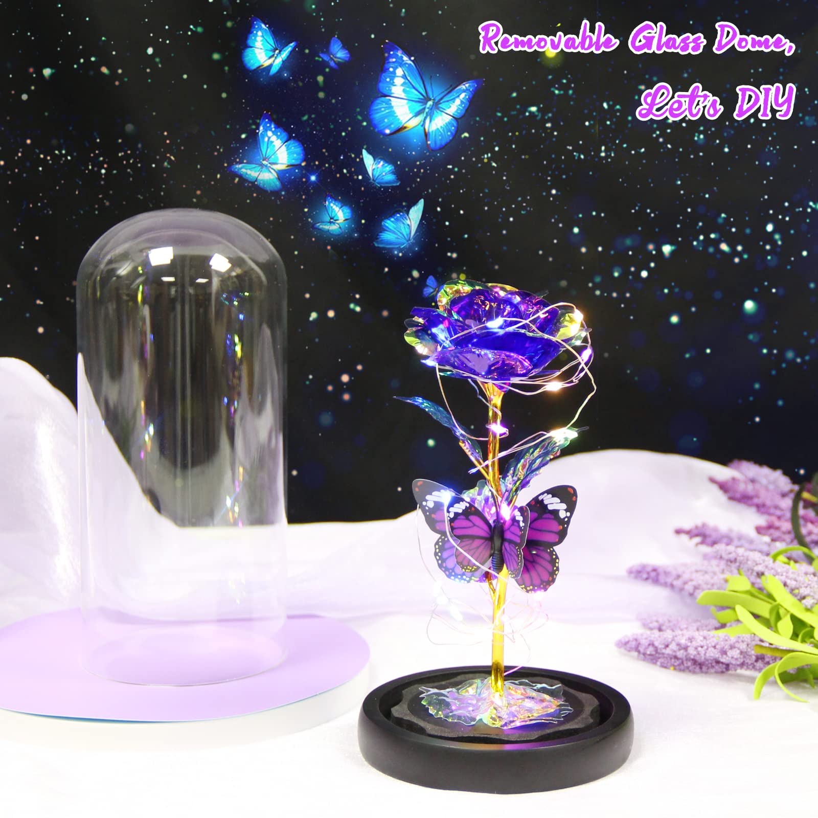 Purple Butterfly Rose Flower Gift - Elegant Light Up Rose for Women, Mom, Wife, Grandma, Girlfriend, Daughter, Sister - Perfect for Birthday, Mother's Day, Valentine's, Anniversary, Christmas & Thanksgiving - Romantic Home Decor & Special Occasion Present