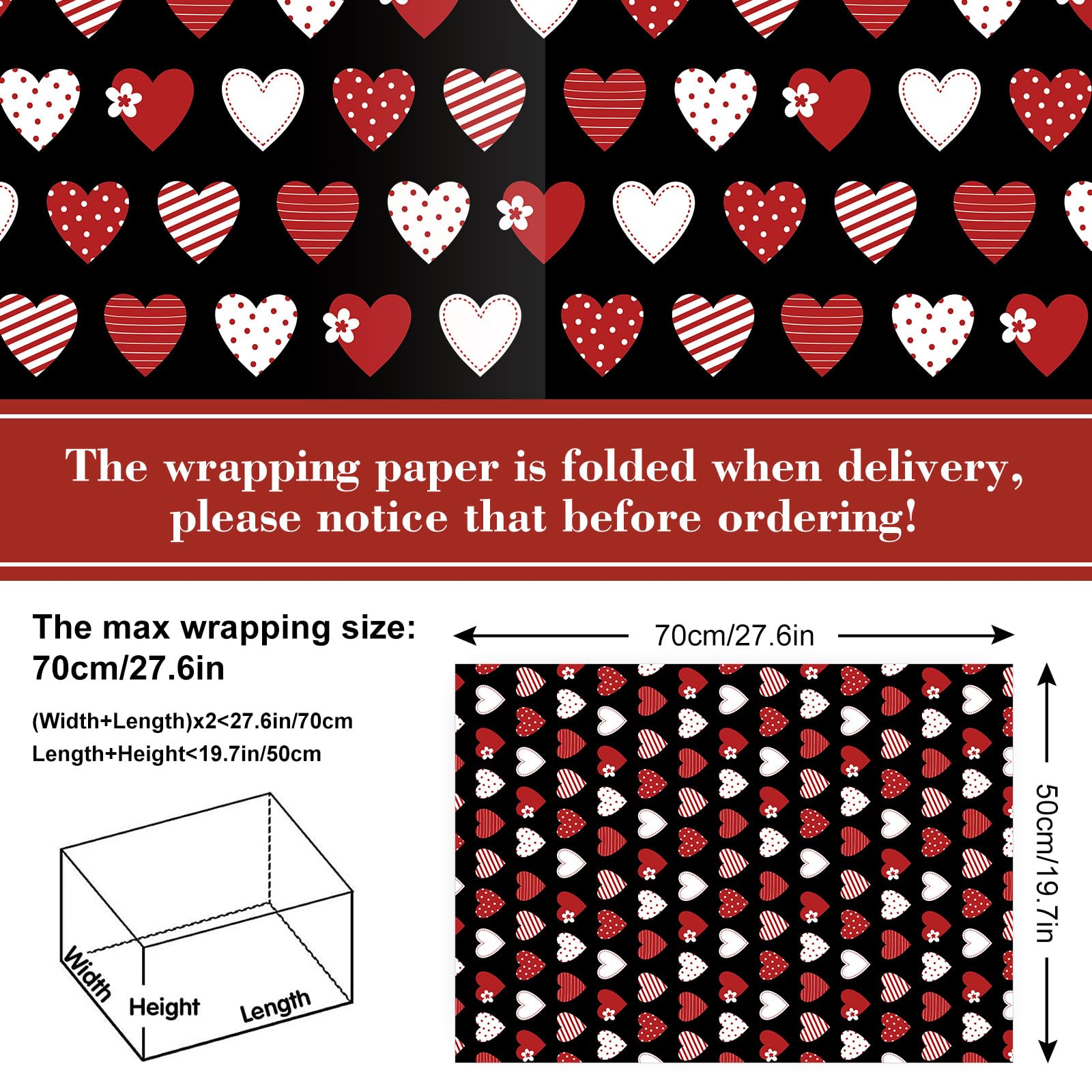 Whaline 12 Sheet Valentine's Day Wrapping Paper - Heart Love Plaid Design, Black Red Gift Wrap Paper Bulk for DIY Crafts, Wedding, Anniversary, Party, Gift Packing Supplies (19.7x27.6 Inch) - Perfect for Christmas, Birthday, Romantic Surprises & Special Occasions