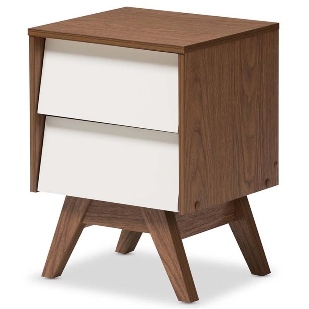 BOWERY HILL Modern 2-Drawer Nightstand - White & Walnut Brown Wood Bedside Table for Bedroom, Living Room, or Office - Compact Storage Solution with Smooth Gliding Drawers