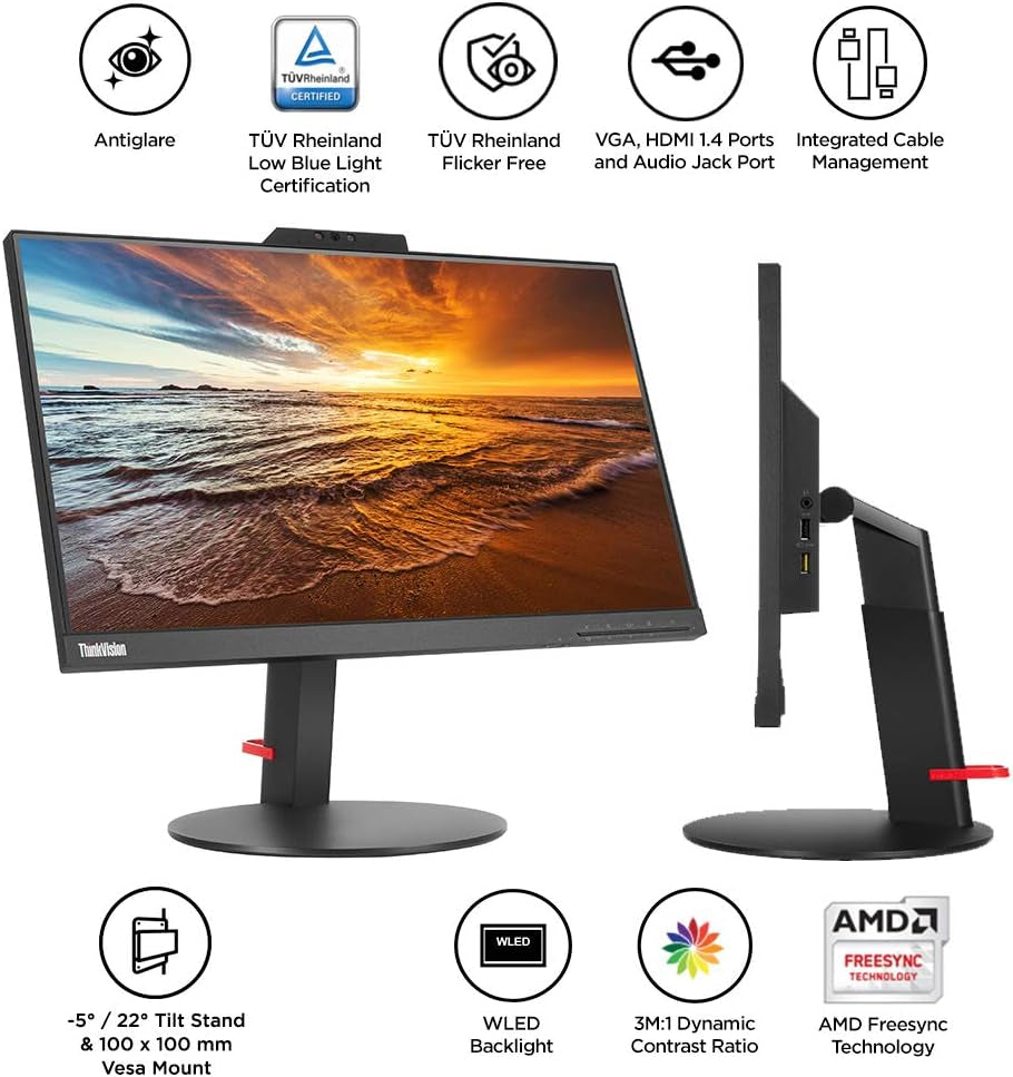 Lenovo ThinkVision T22v-10 22-inch FHD 1080p IPS Borderless LED Monitor with HDMI, VGA, DisplayPort, Built-in Speaker & Camera | 16:9 Aspect Ratio | Black | Open Box | 90-Day Warranty | Perfect for Home Office, Gaming & Video Conferencing