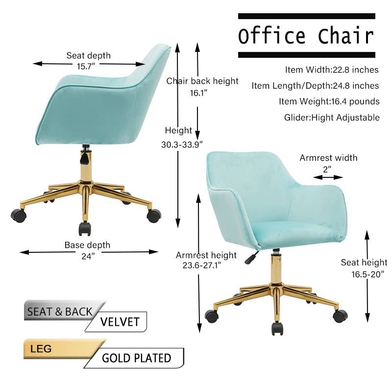 Modern Velvet Mid-Back Swivel Office Chair with Gold Base & Wheels - Elegant Home Office Computer Desk Chair for Women, Girls - Light Green Upholstered Task Chair for Living Room, Vanity, Study & Workspace