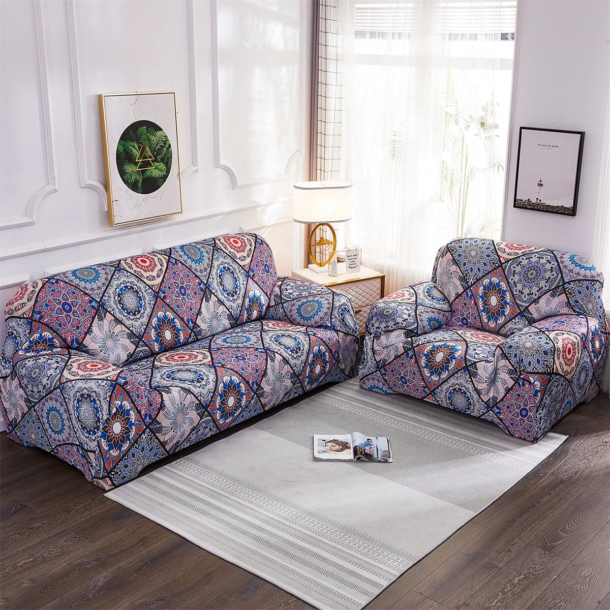 ELEOPTION Stretch L-Shaped Sofa Cover - 2-Piece Sectional Couch Slipcover, Printed Fabric Protector for Pets & Kids - Blue, Fits 3-Seater (Perfect for Living Room, Family Gatherings & Pet-Friendly Homes)