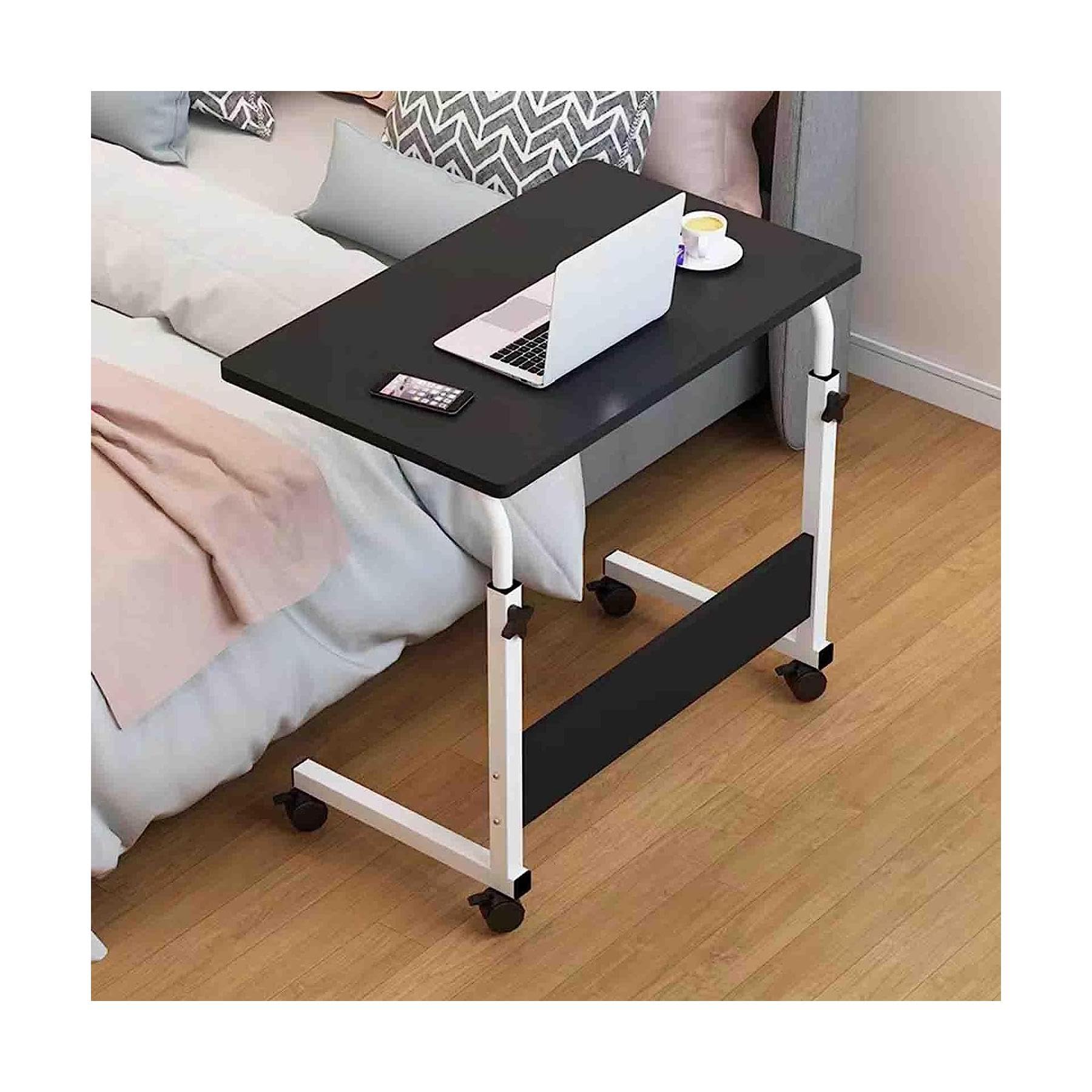 POCHY Adjustable Overbed Table with Wheels - Portable Laptop Desk, Lightweight Steel Frame & Fiberboard Top - Perfect for Bed, Sofa, or Office Use