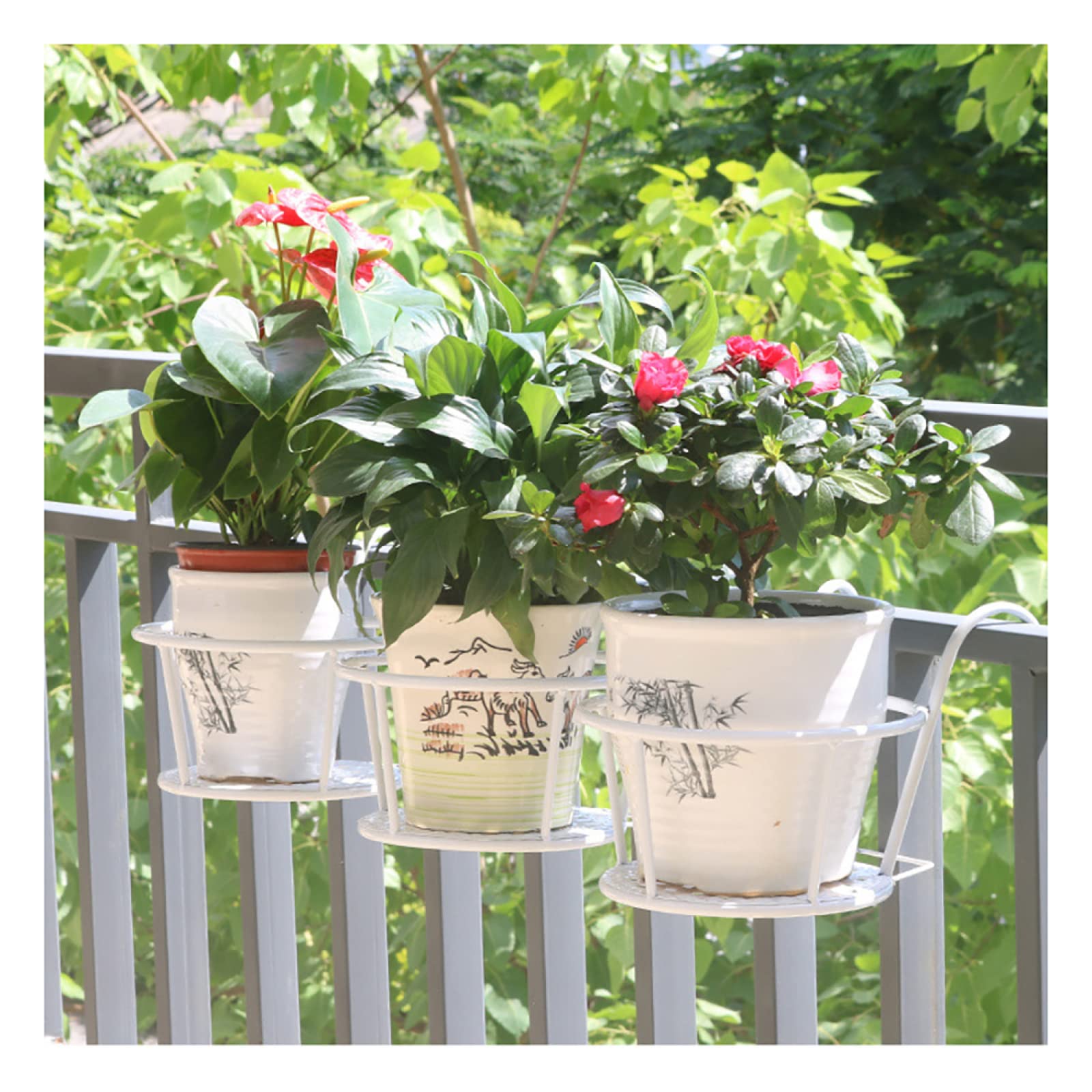 Balcony Flower Pot Stand with Hooks - Metal Patio Railing Planter Rack - Iron Art Hanging Basket Shelf for Outdoor Plants (White, 3-Pack) - Perfect for Small Spaces, Vertical Gardens & Apartment Balconies