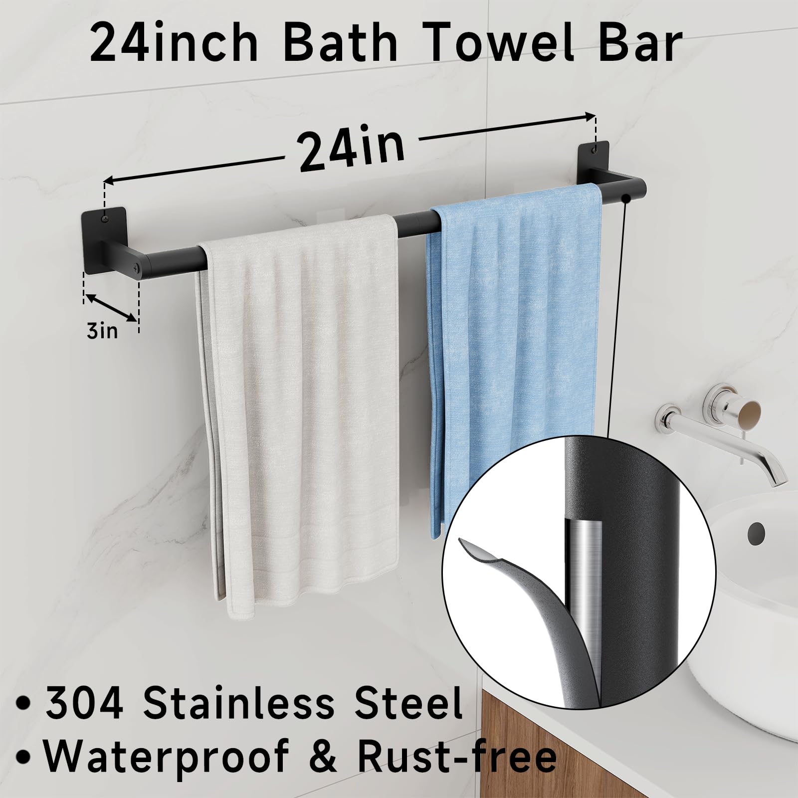 7PCS Matte Black Bathroom Hardware Set - 24IN 304 Stainless Steel Towel Bar & Holder for Modern Bathrooms | Durable & Rustproof Shower Accessories for Home & Hotel Use