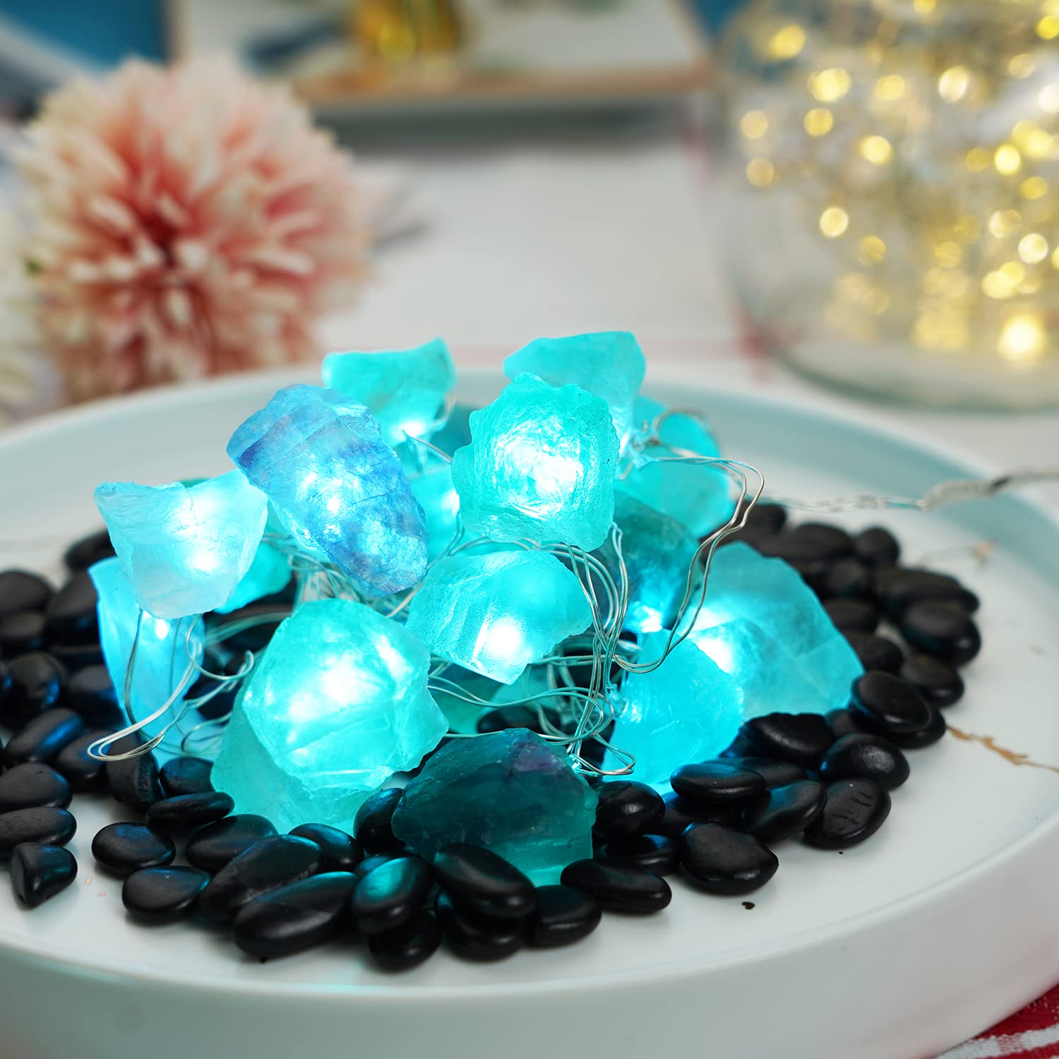 BOHON 20 LED Natural Fluorite & Sea Glass String Lights - 6.5ft Battery Operated with Remote Control - Raw Stone Decorative Lighting for Bedroom, Party, Indoor, Christmas & Wedding Decor - Perfect for Home Ambiance, Holiday Celebrations and Romantic Settings