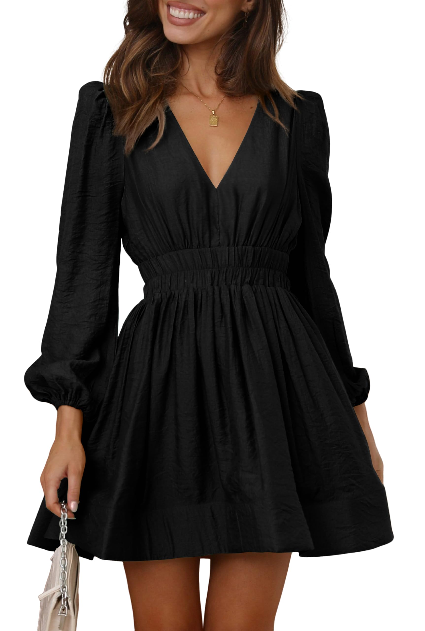 BWQ Women's Mini Dress - Long Sleeve Deep V Neck Sexy A-Line Elastic High Waist Flowy Dress for Party, Date Night & Special Occasions
