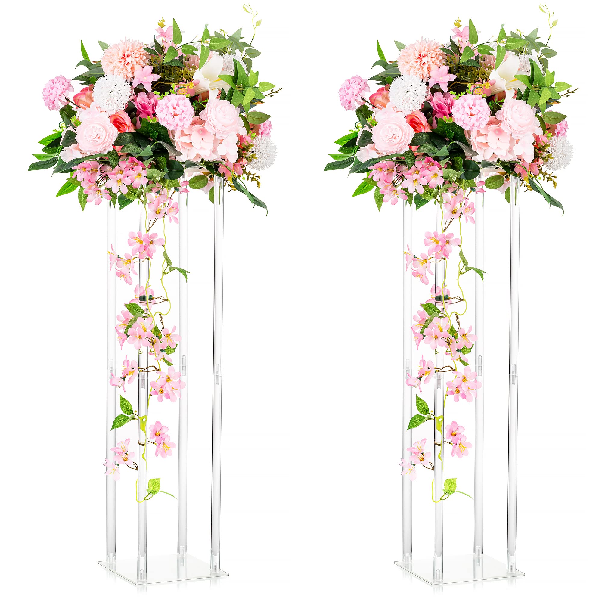 2 Pack Clear Acrylic Column Flower Vases - 31.5 Inch Tall Geometric Centerpiece Vases for Wedding, Birthday Party & Home Decor | Elegant Table Decorations for Events, Dining Room & Living Room