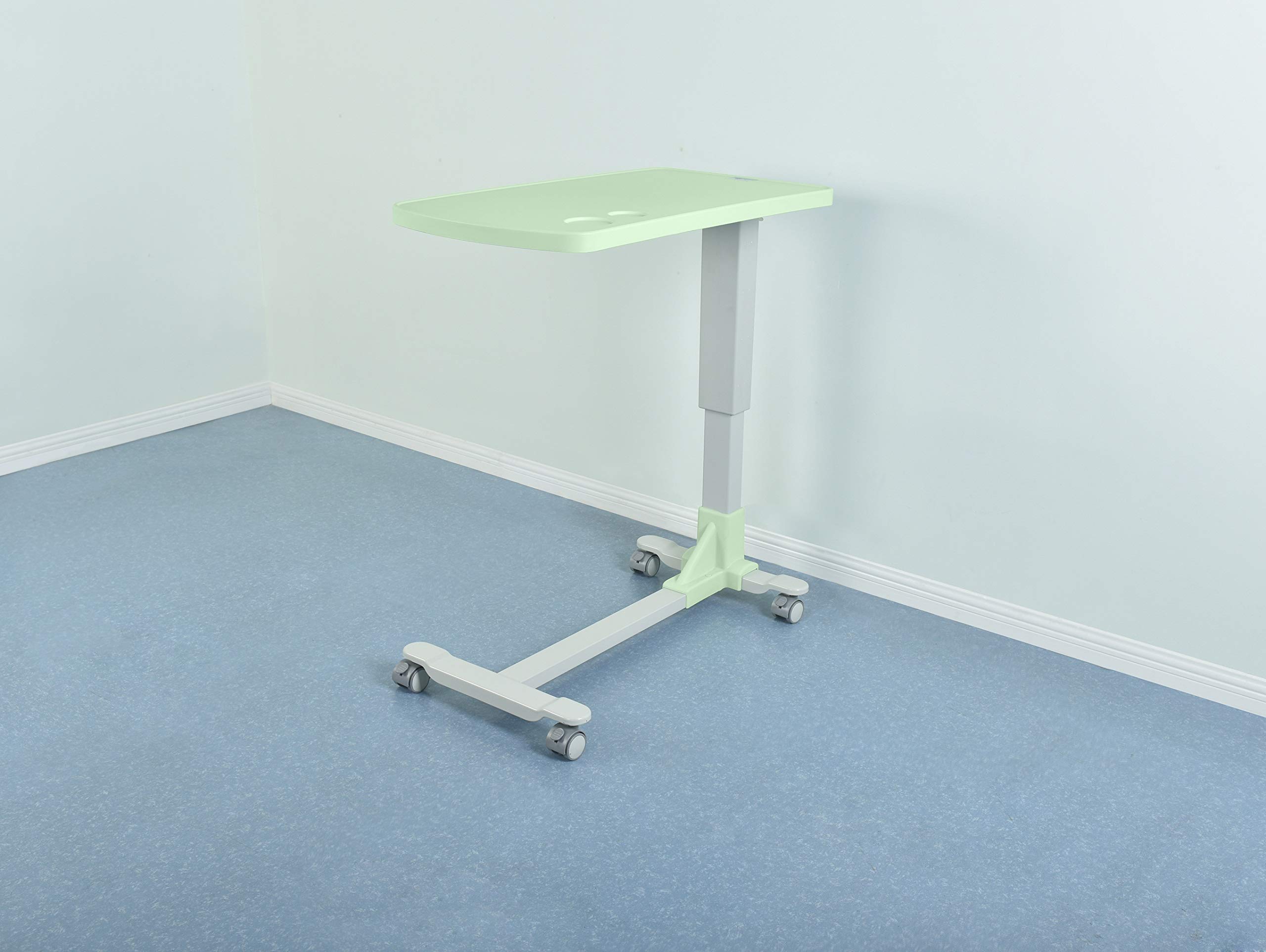 Adjustable Medical Bedside Table with Wheels - HIPS Plastic Dining Tray, 4 Locking Casters (Light Green) - Perfect for Hospital Beds, Home Care & Elderly Patients