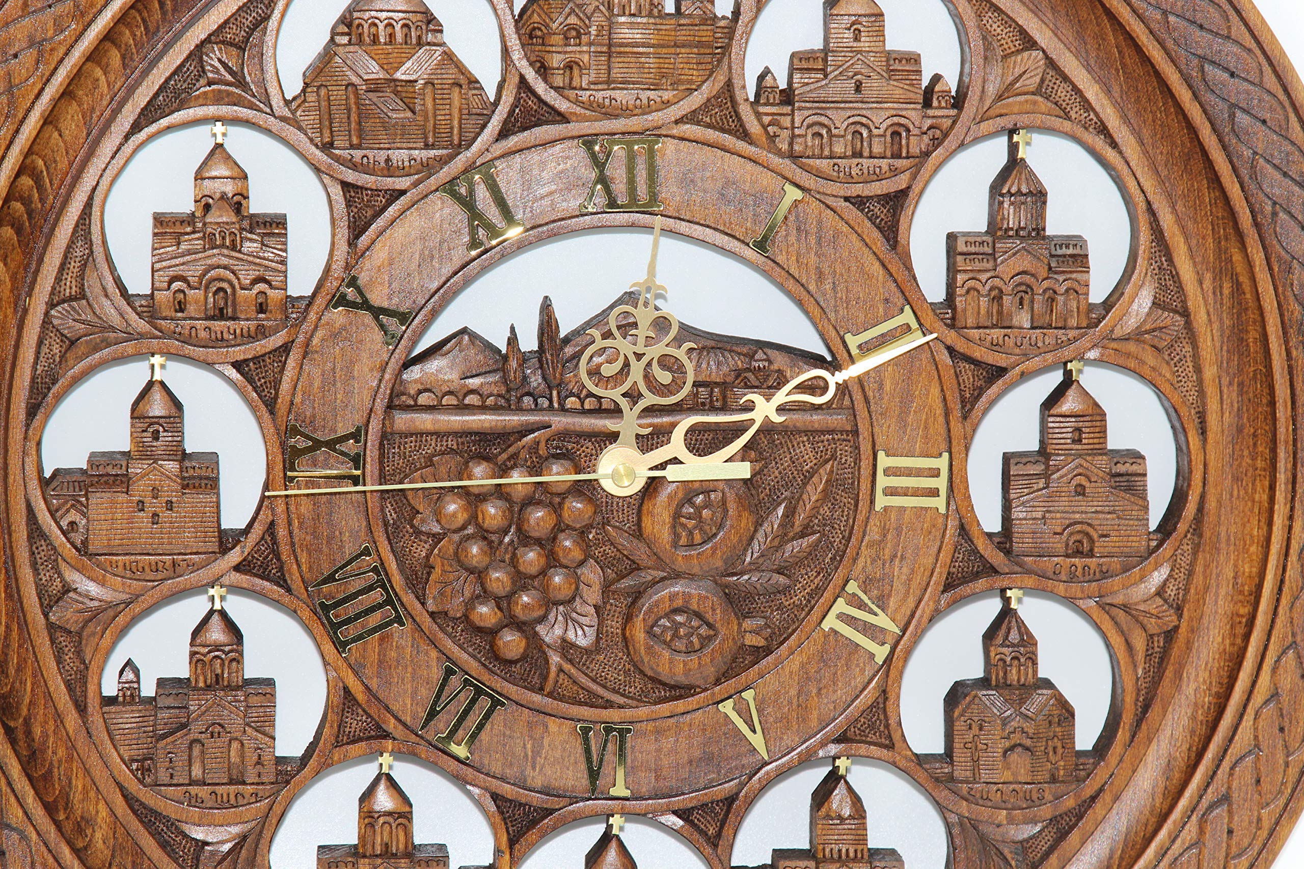 Handmade Wooden Wall Clock - Armenian Church & Mount Ararat Carved Decor - Unique Wood Art Gift for Home, Office & Church Decorations