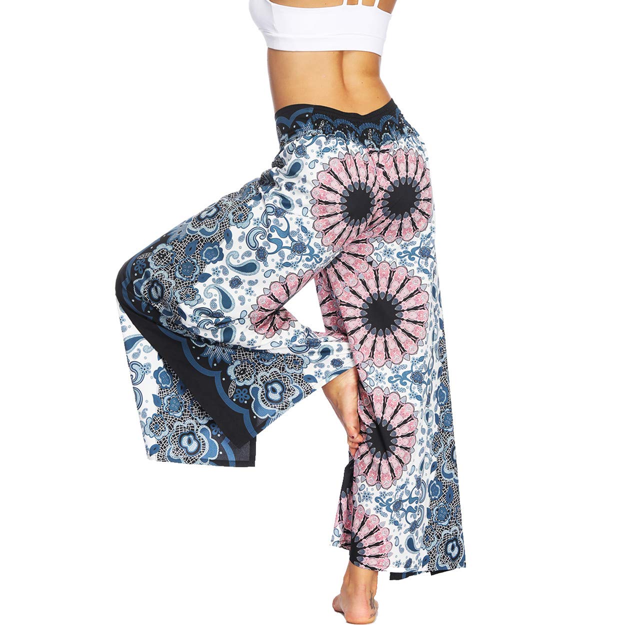 ENLACHIC Women's Boho Printed Palazzo Yoga Pants - High Waisted Wide Leg Lounge Pants with Side Split for Workout, Running, Travel & Casual Wear