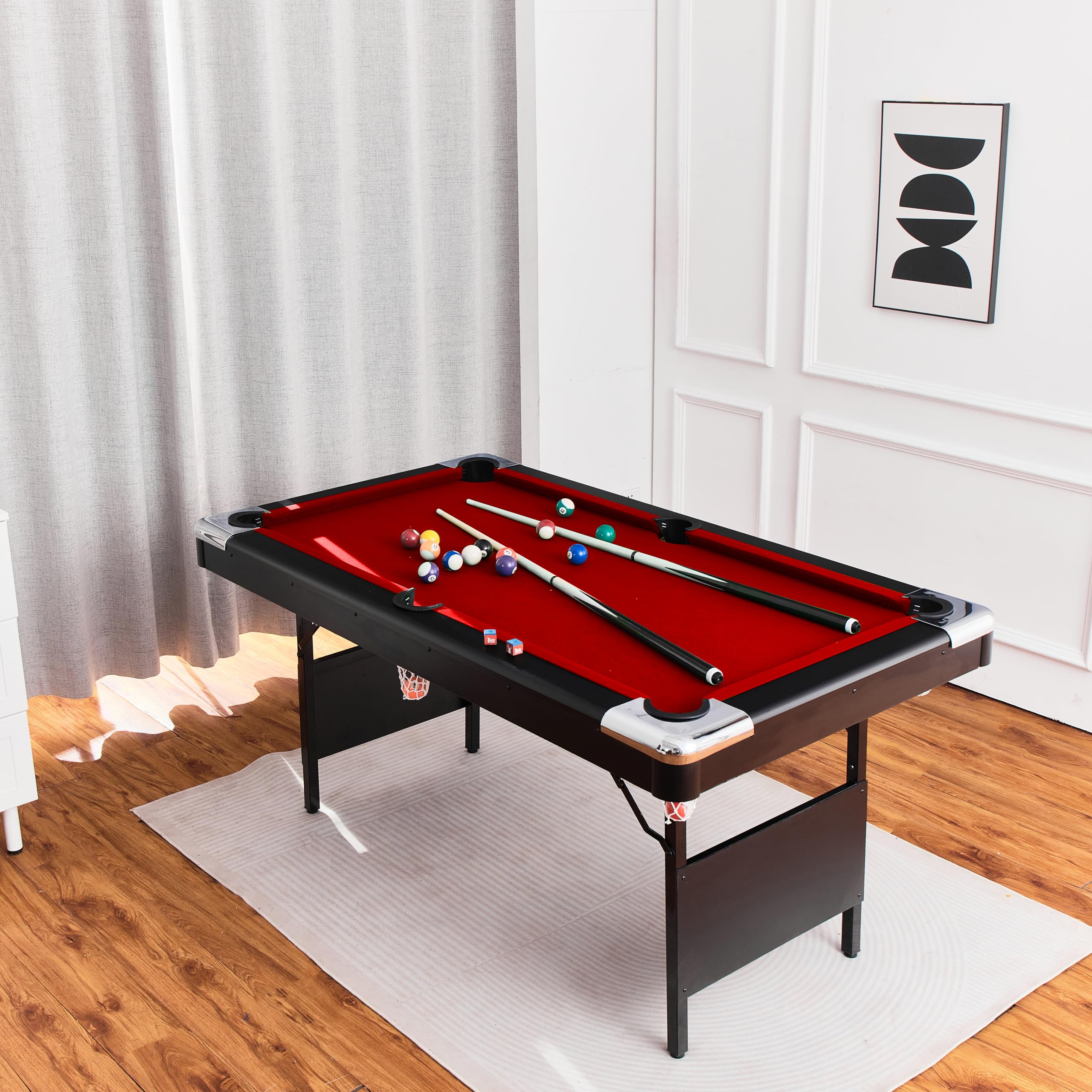 7-Ft Folding Pool Table for Home Game Room - Includes 2 Cue Sticks, Chalk & Felt Brush - Multi-Game Billiard Table for Adults & Kids - Perfect for Family Parties & Entertainment - Easy Storage Red Felt Table