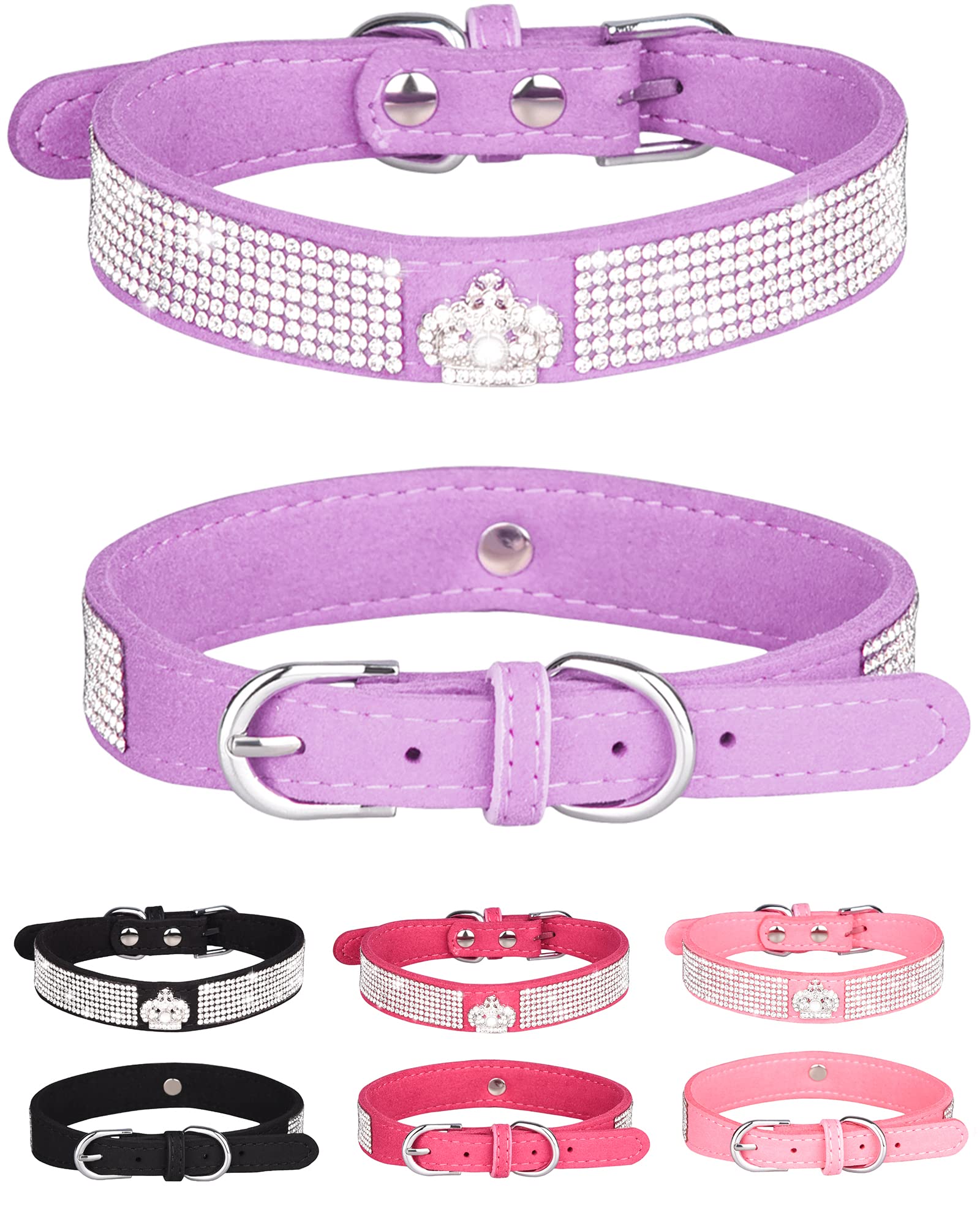 Premium Adjustable Leather Suede Bling Dog Collar with Rhinestones - XS Size for Small Dogs & Cats (Pink, Purple) - Perfect for Daily Walks, Pet Fashion & Special Occasions