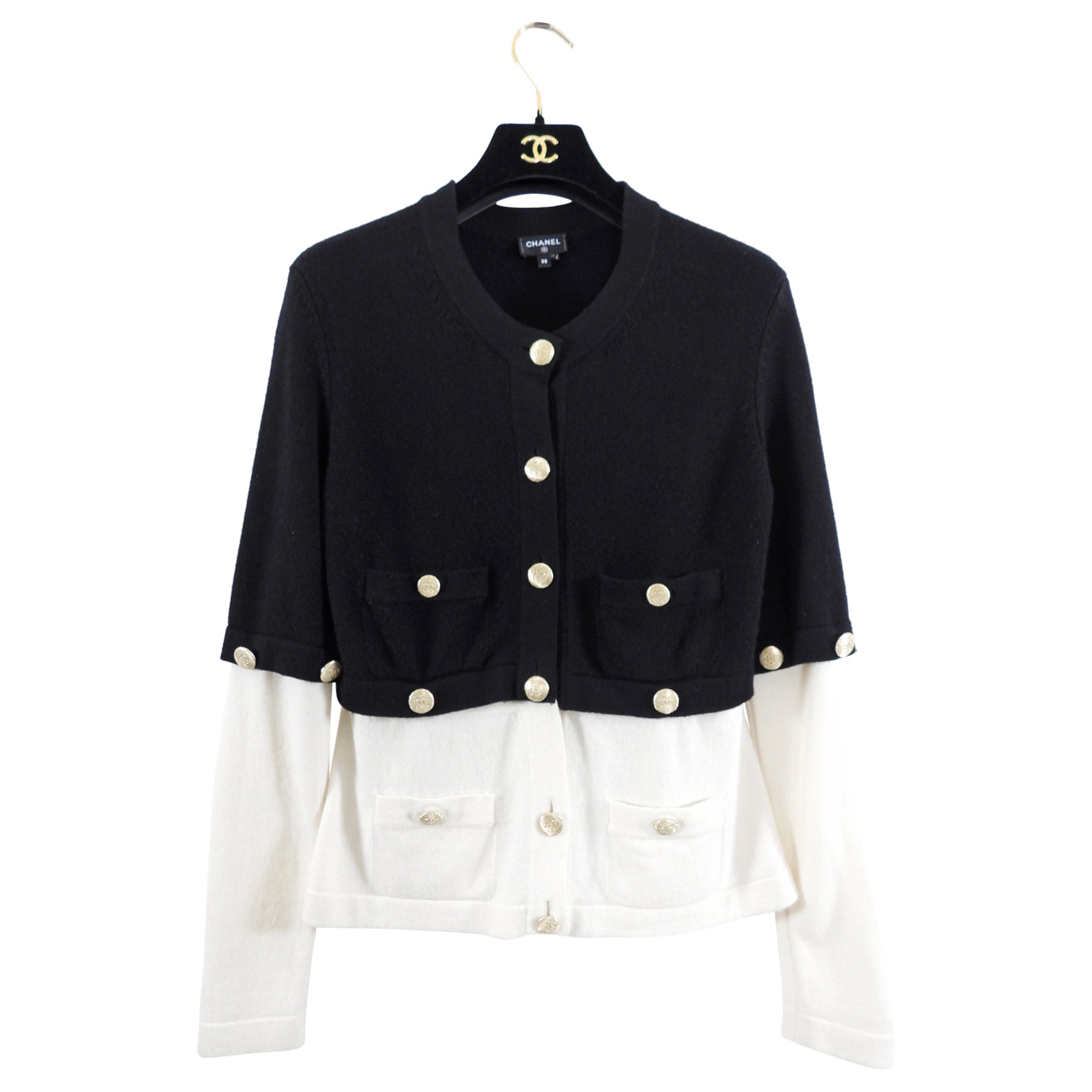 Chanel 22C Black & Off White Cashmere 4-in-1 Cardigan Sweater Women's Size FR38/S - Luxury Knitwear for Office, Party & Winter Fashion