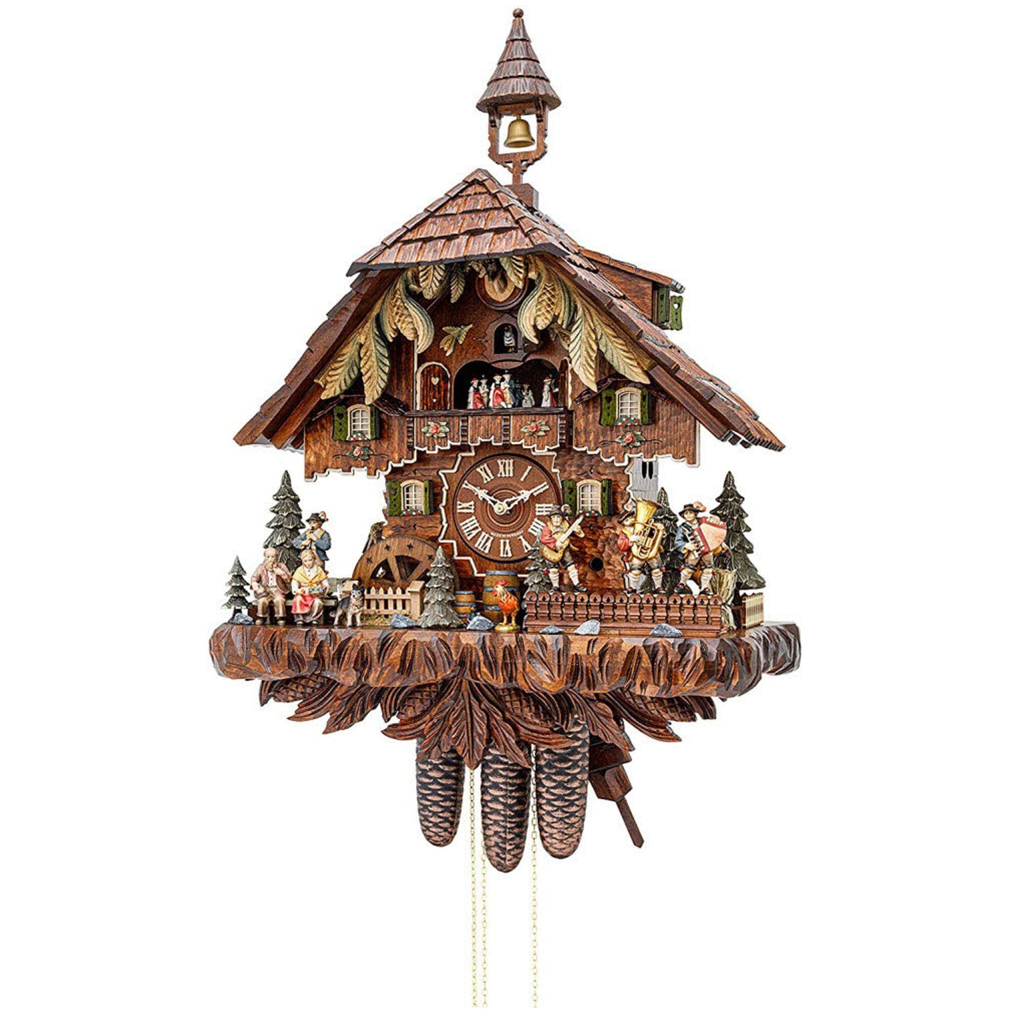 Handcrafted Cuckoo Clock with Animated Dancers, Musicians & Rotating Mill Wheel - Authentic German Black Forest Wall Clock for Home & Office Decor
