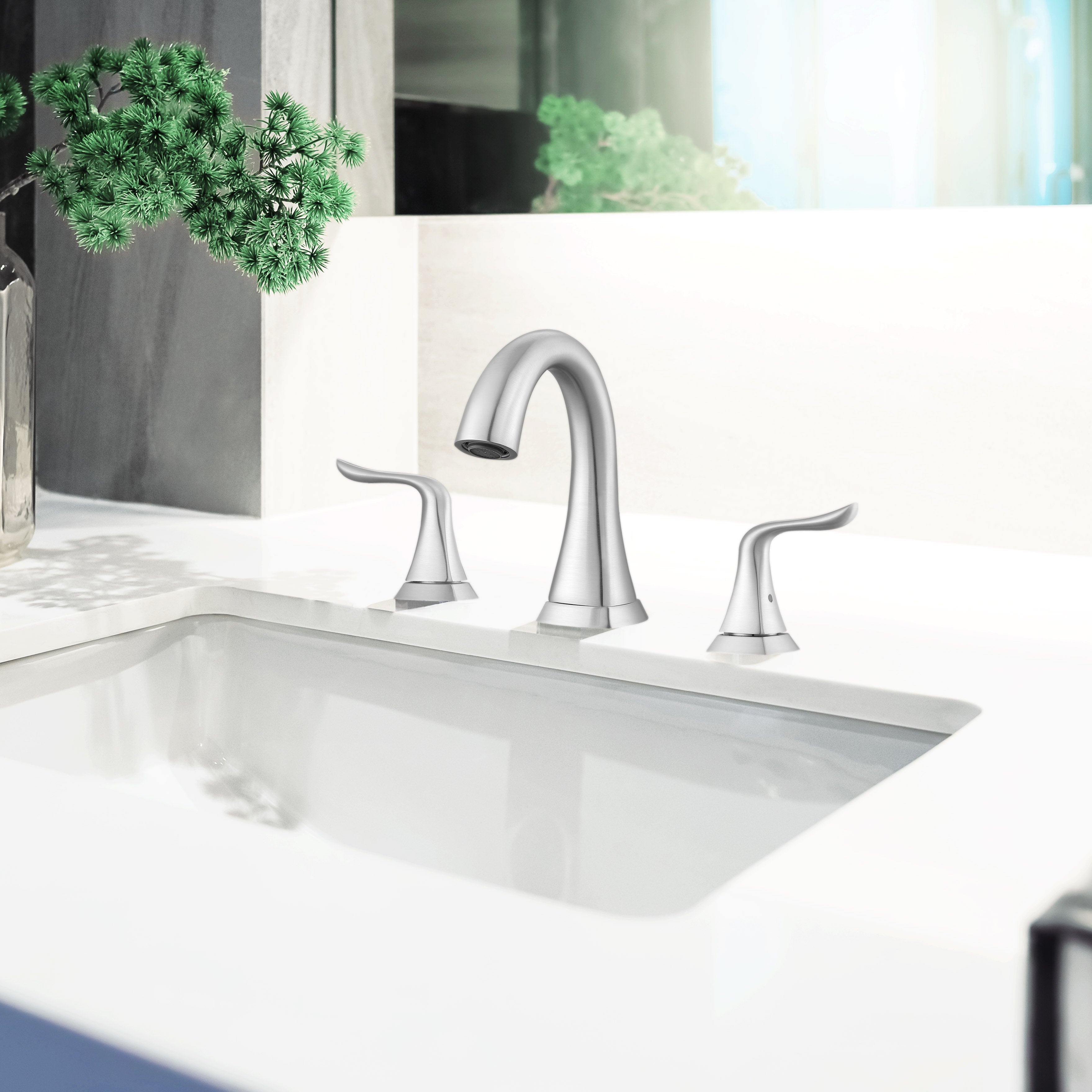 Scarlett Widespread Bathroom Faucet in Brushed Nickel Finish - Modern Waterfall Bathroom Sink Faucet for Vanity, Powder Room & Guest Bath Installation