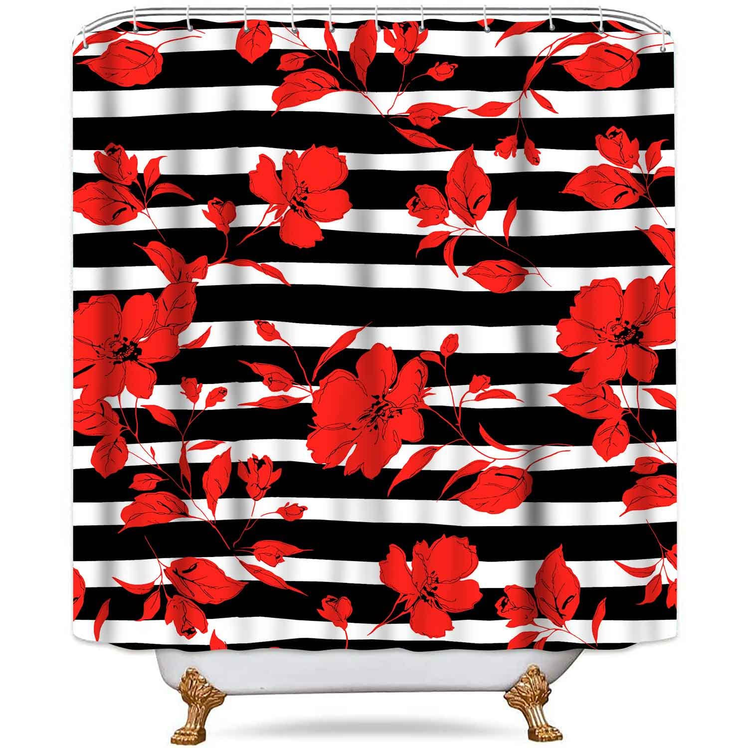 NTETSN Floral Shower Curtain - Red Flowers on Black & White Striped Waterproof Polyester Bath Curtain with Hooks, 72x72 Inches - Perfect for Vintage Bathroom Decor & Spa-Like Shower Experience