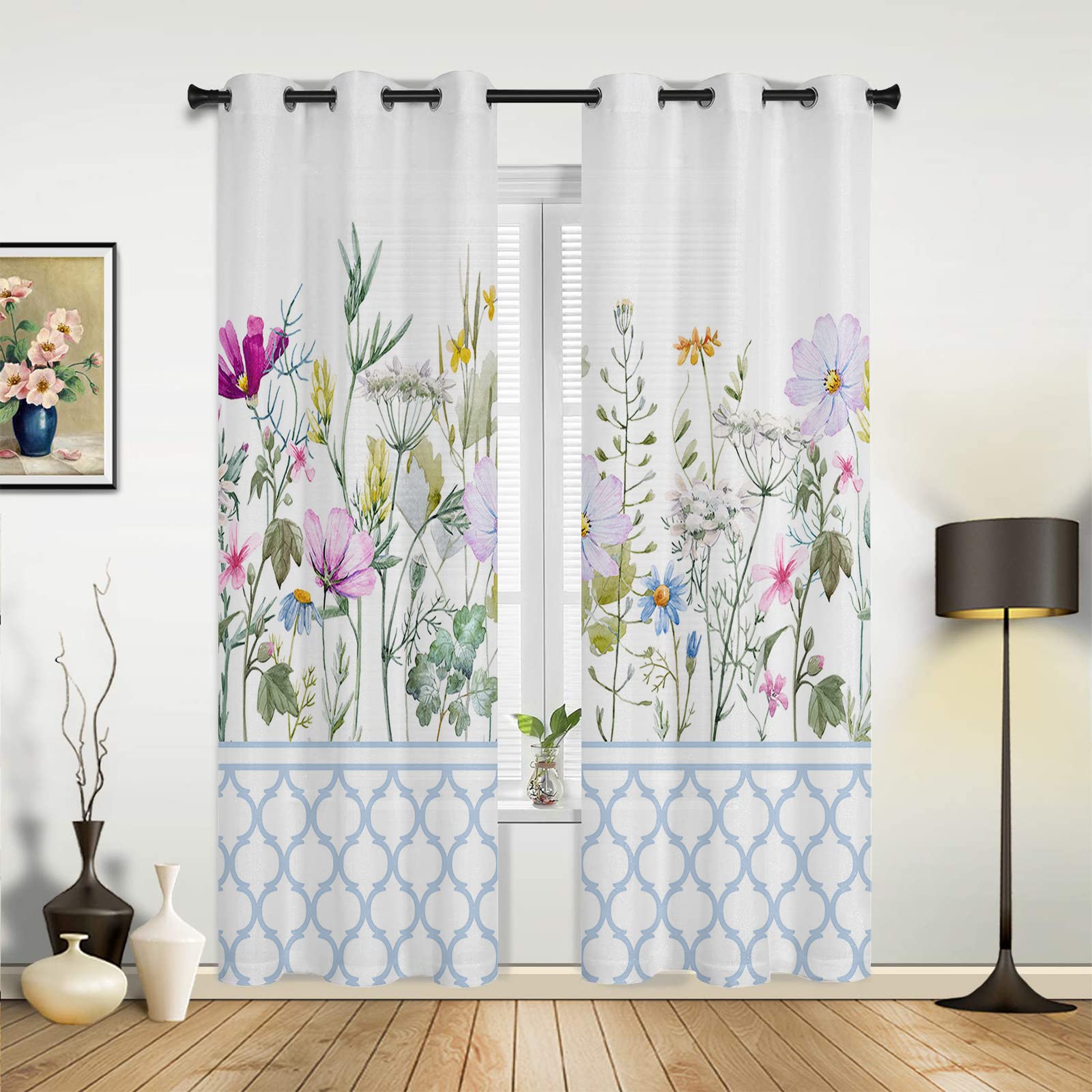 Blue Geometric Floral Wildflowers 3D Printed Blackout Curtains - 2 Panels Set (63