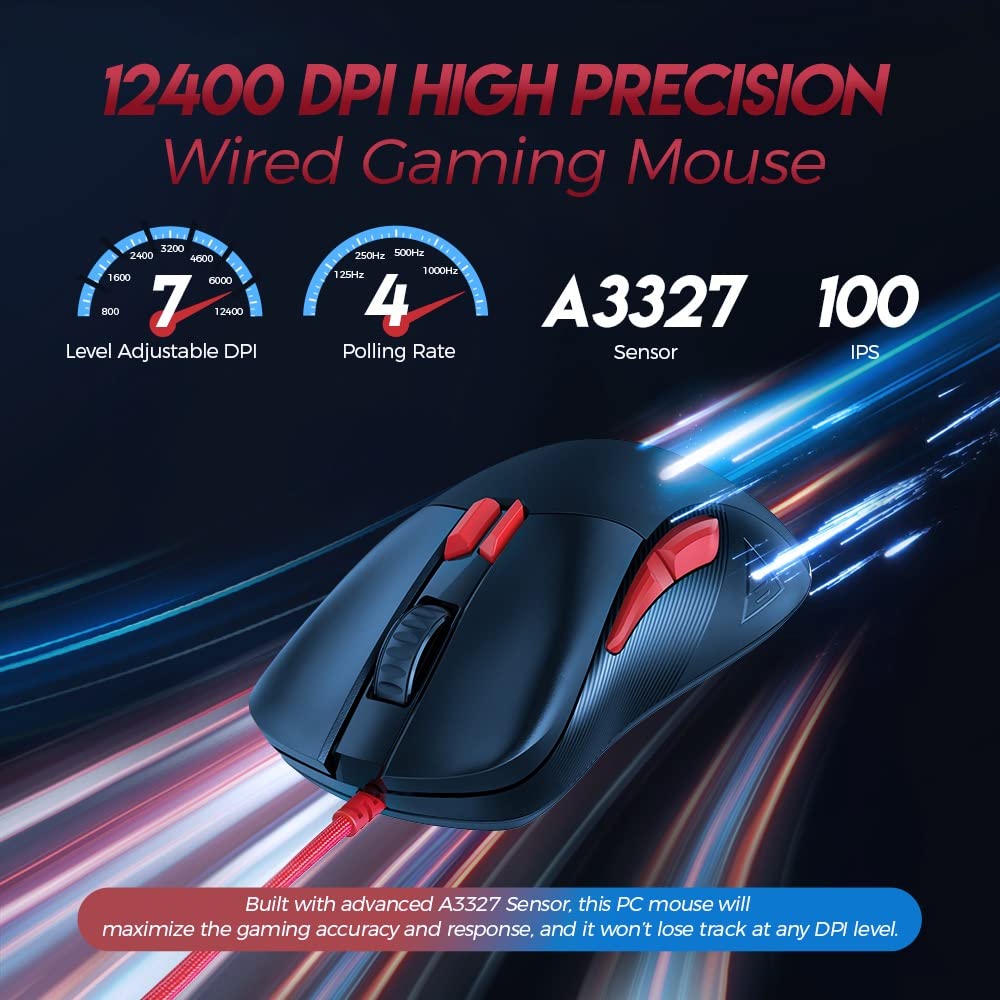 EKSA 16000 DPI Wired Gaming Mouse with Optical Sensor, 8 Programmable Buttons & RGB Lighting - Lightweight FPS/MOBA Mouse for PC & Mac - Perfect for Esports, Streaming & Competitive Gaming