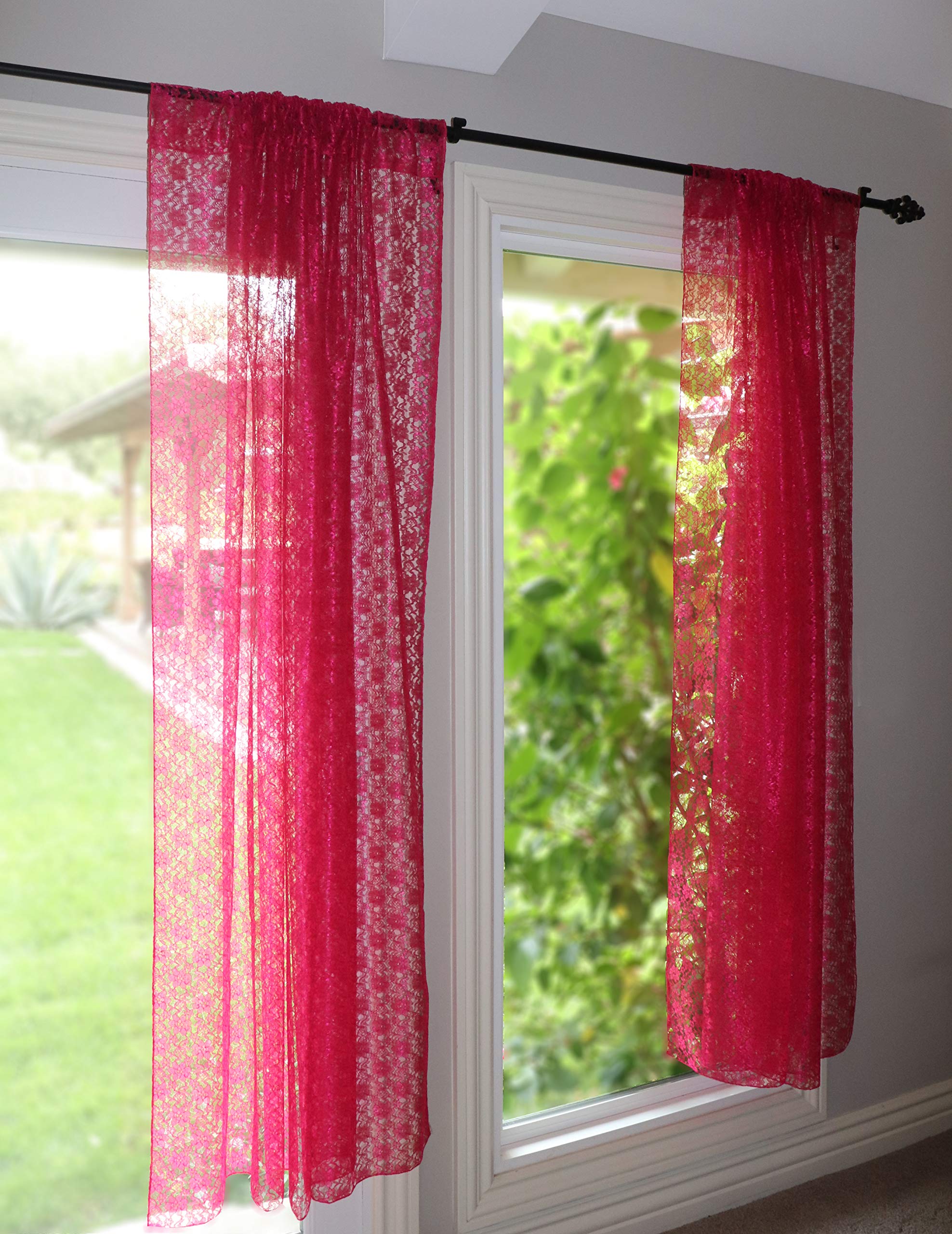 Floral Lace Curtain Panel - Sheer Fuchsia Window Decor for Bedroom & Kitchen
