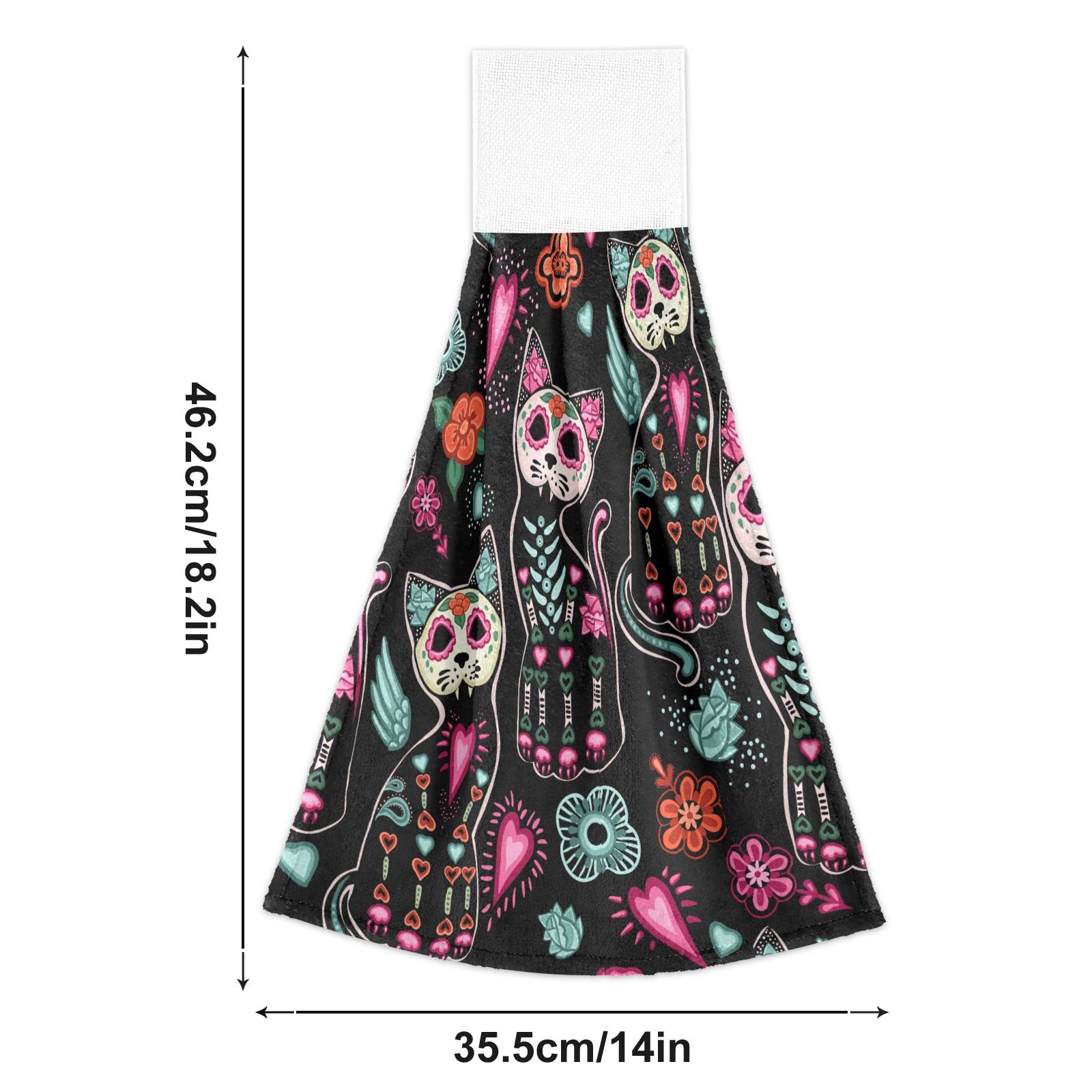 Halloween Cat Skeleton Hanging Kitchen Towels Set of 2 - Sugar Skull Floral Print Oven Mitt & Hand Towel for Kitchen, Bathroom Decor - Perfect for Halloween Party, Home Decor & Gift Giving