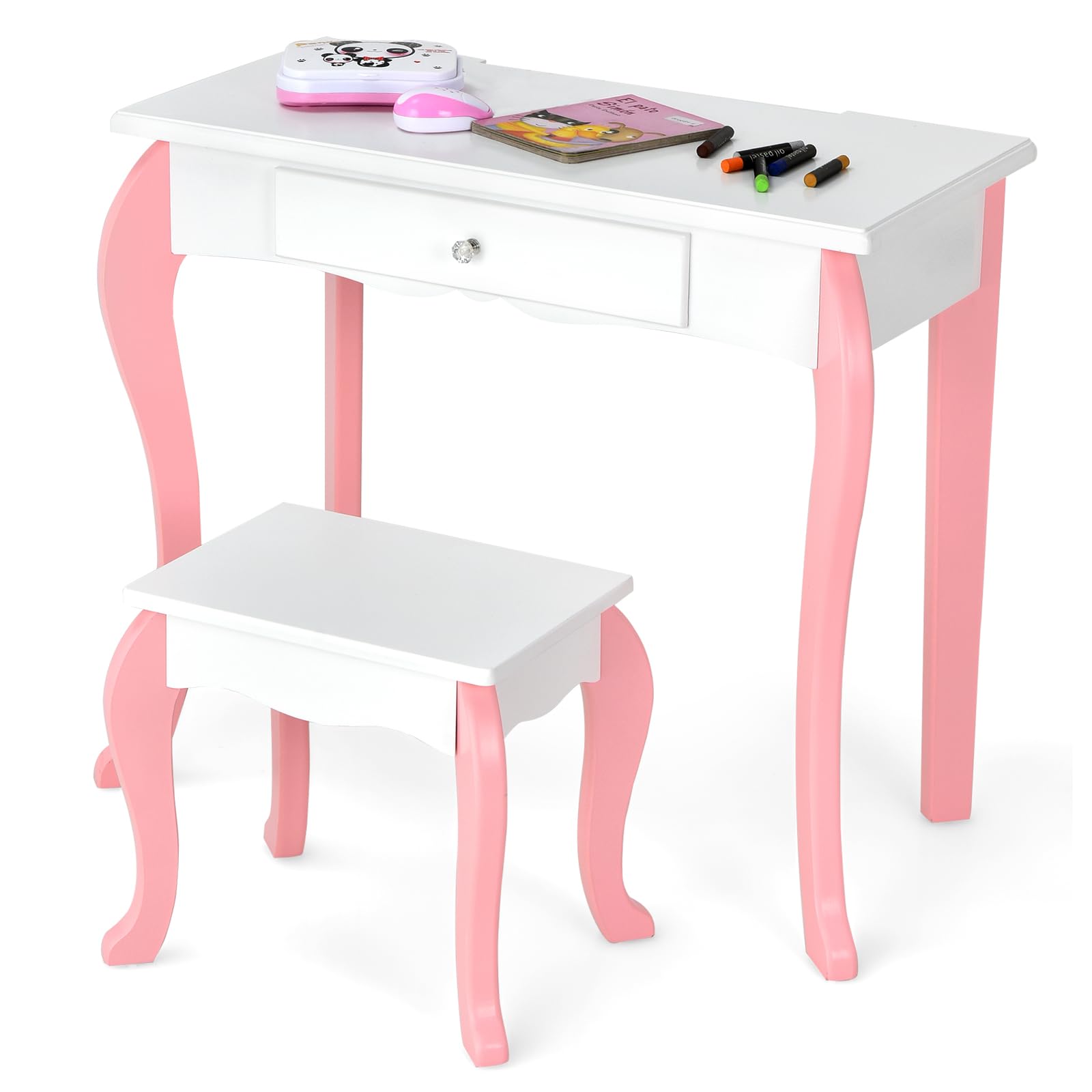 Olakids 2-in-1 Wooden Princess Vanity Set with 360° Rotating Mirror & Storage Drawer - Kids Makeup Table & Chair for Girls, Pretend Play Beauty Dressing Toy Gift (White) - Perfect for Bedroom Decor & Role Play Activities