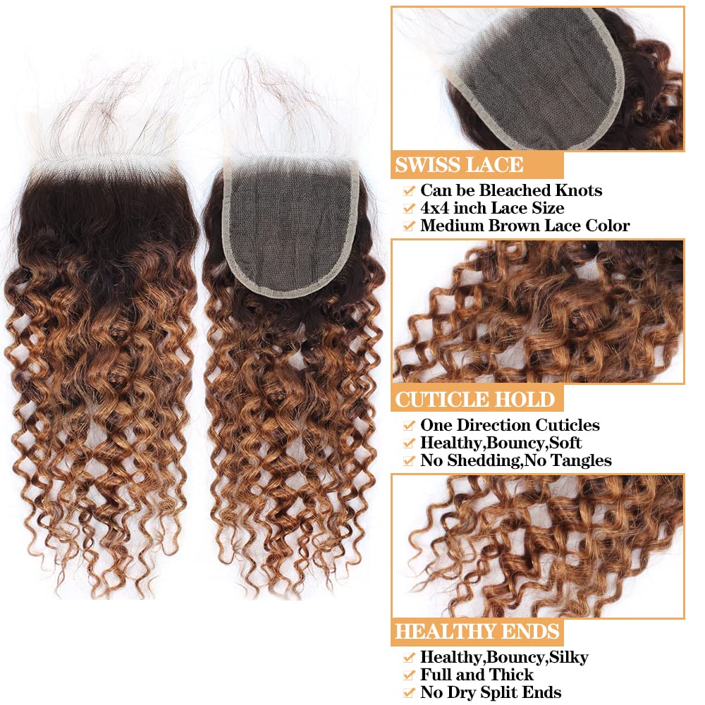Brazilian Virgin Human Hair Bundles with 4x4 Lace Closure - 3 Bundles T4/30 Ombre Kinky Curly Weave (20 22 24+18 Inch) - Perfect for Natural Hairstyles, Parties & Daily Wear