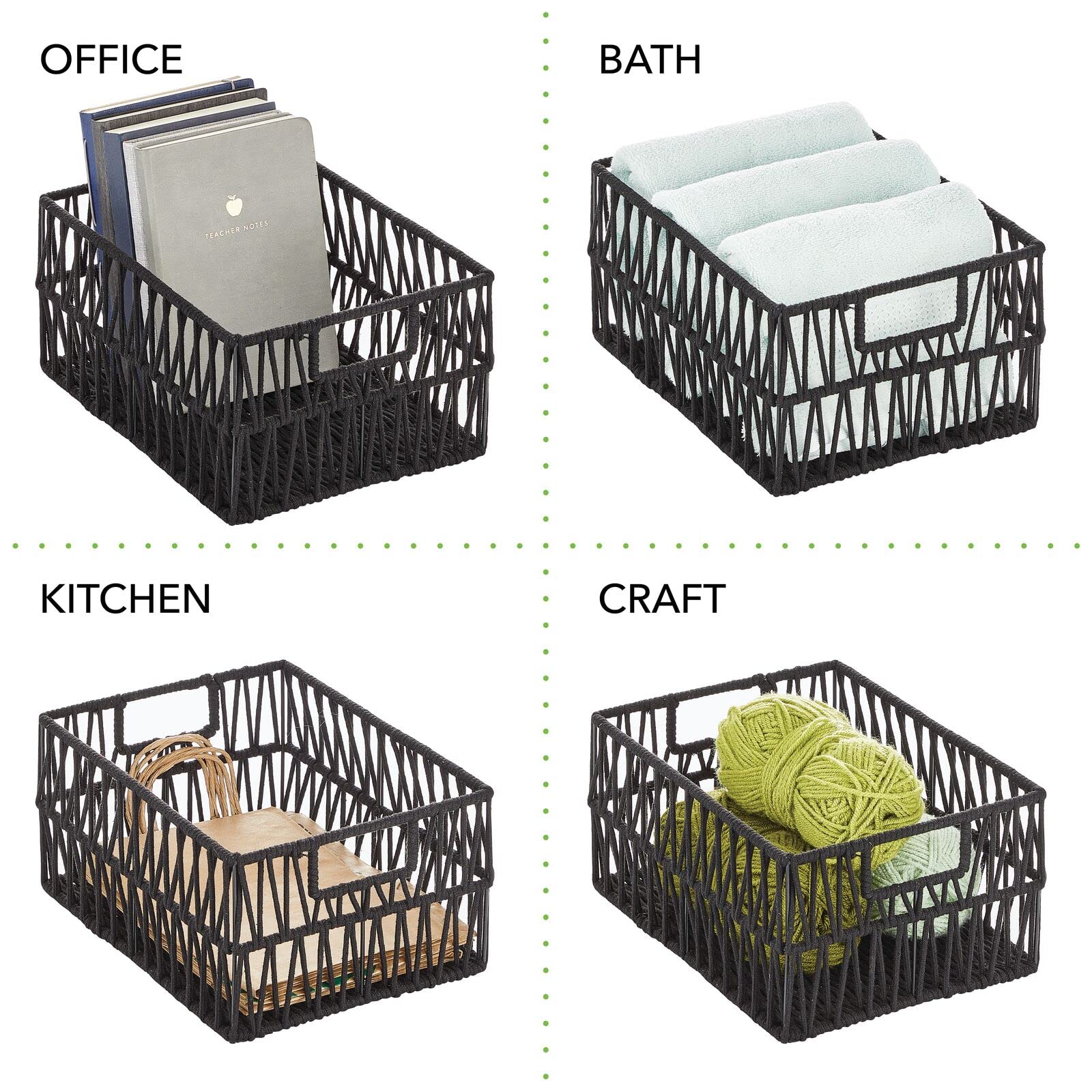 mDesign Metal Wire & Cotton Rope Small Macrame Boho Storage Baskets with Handles - 3 Pack Black - Decorative Organizer Bins for Kitchen, Pantry, Shelves - Perfect for Paper Goods, Dish Towels, Party Supplies & Home Decor