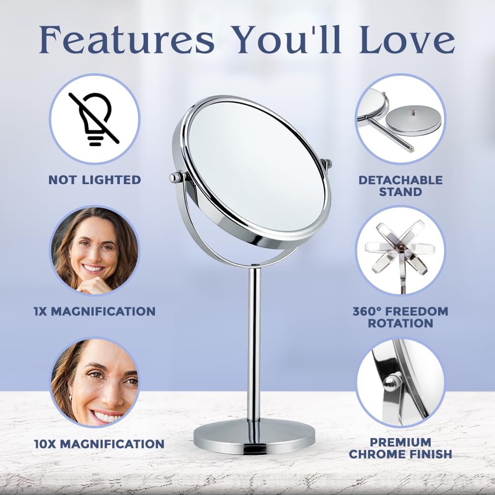 10X Magnifying Makeup Mirror with Stand - Double Sided 10X/1X Magnification, 7