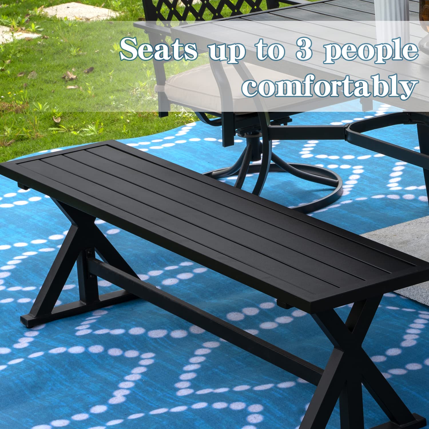 MEOOEM Black Outdoor Patio Bench - Heavy Duty Industrial Garden Bench for Park, Lawn, Lounge & Picnic - Weather Resistant Steel Furniture (61.2