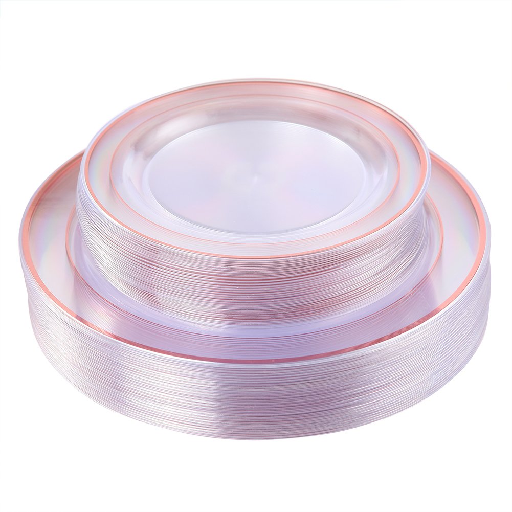 60 Pcs Rose Gold Plastic Plates - Disposable Party Dinnerware Set with Elegant Gold Trim for Wedding, Birthday & Holiday Celebrations - Perfect for Dessert, Cocktail Parties & Special Events