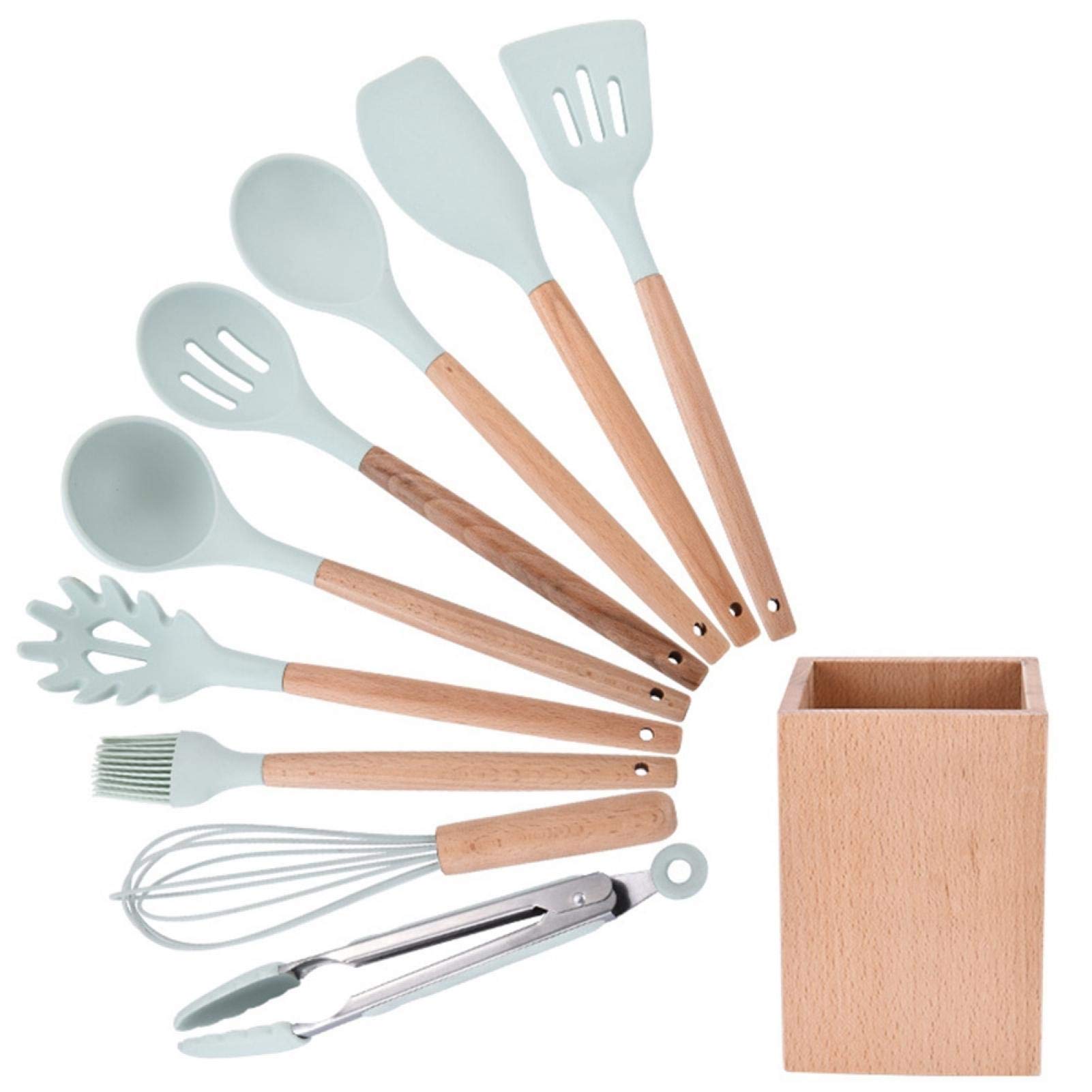Premium 9-Piece Silicone Cooking Utensils Set - Heat Resistant Kitchen Tools with Wooden Handles (Blue) - Perfect for Baking, Cooking & Non-Stick Pans - Essential Kitchenware for Home Chefs