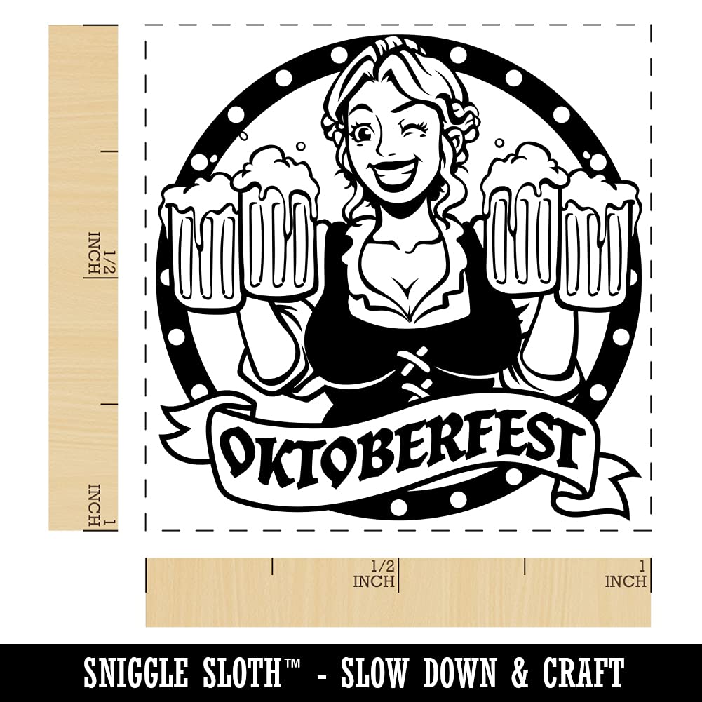 Oktoberfest German Beer Maiden Self-Inking Rubber Stamp with Steins - 1 Inch Small Blue Ink Stamp for DIY Crafts, Scrapbooking & Party Invitations