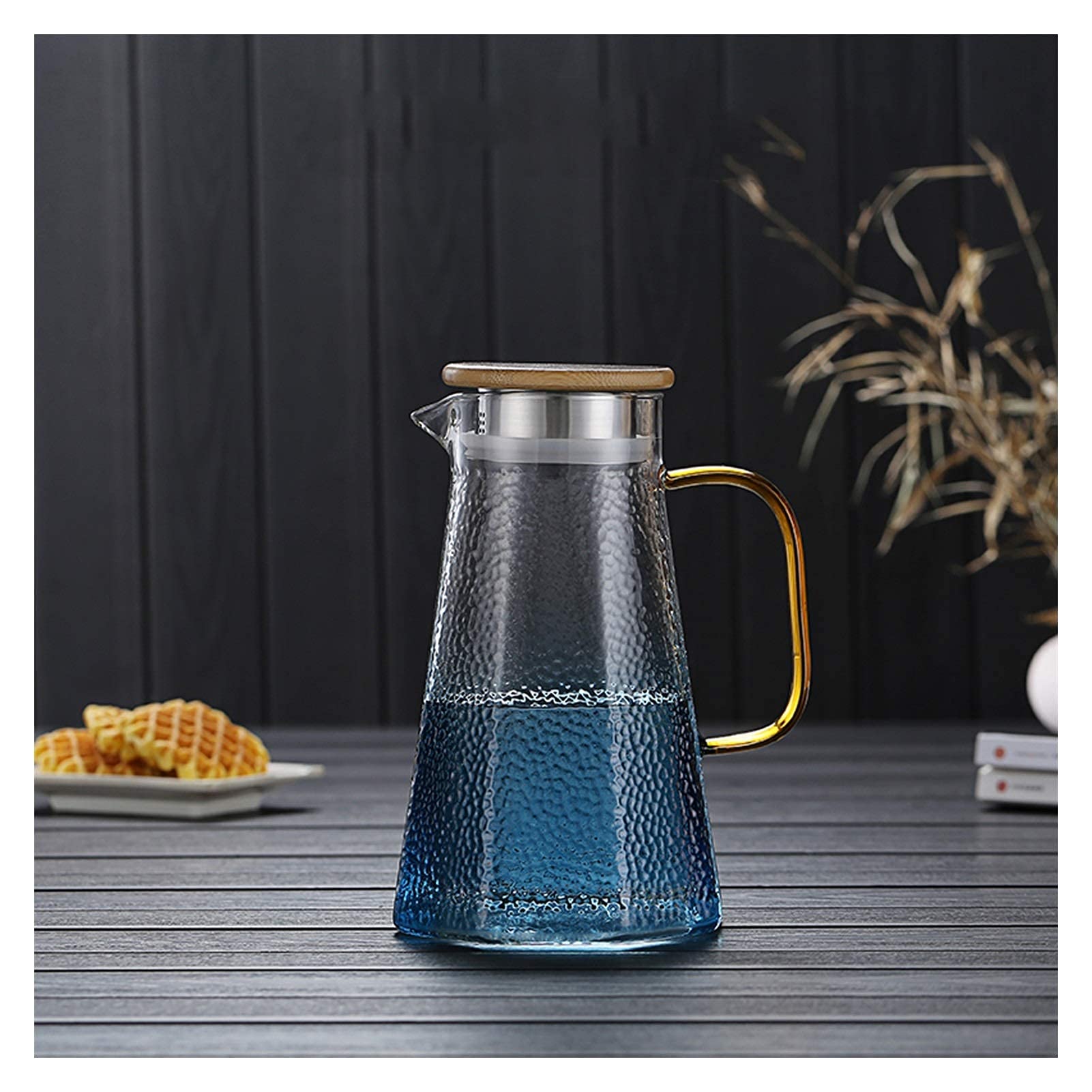 Blue Borosilicate Glass Pitcher with Lid & Handle - 1.65L Heat-Resistant Water Carafe for Juice, Milk, Hot & Cold Beverages - Easy Clean Glass Jug for Kitchen, Dining, Parties & Office Use