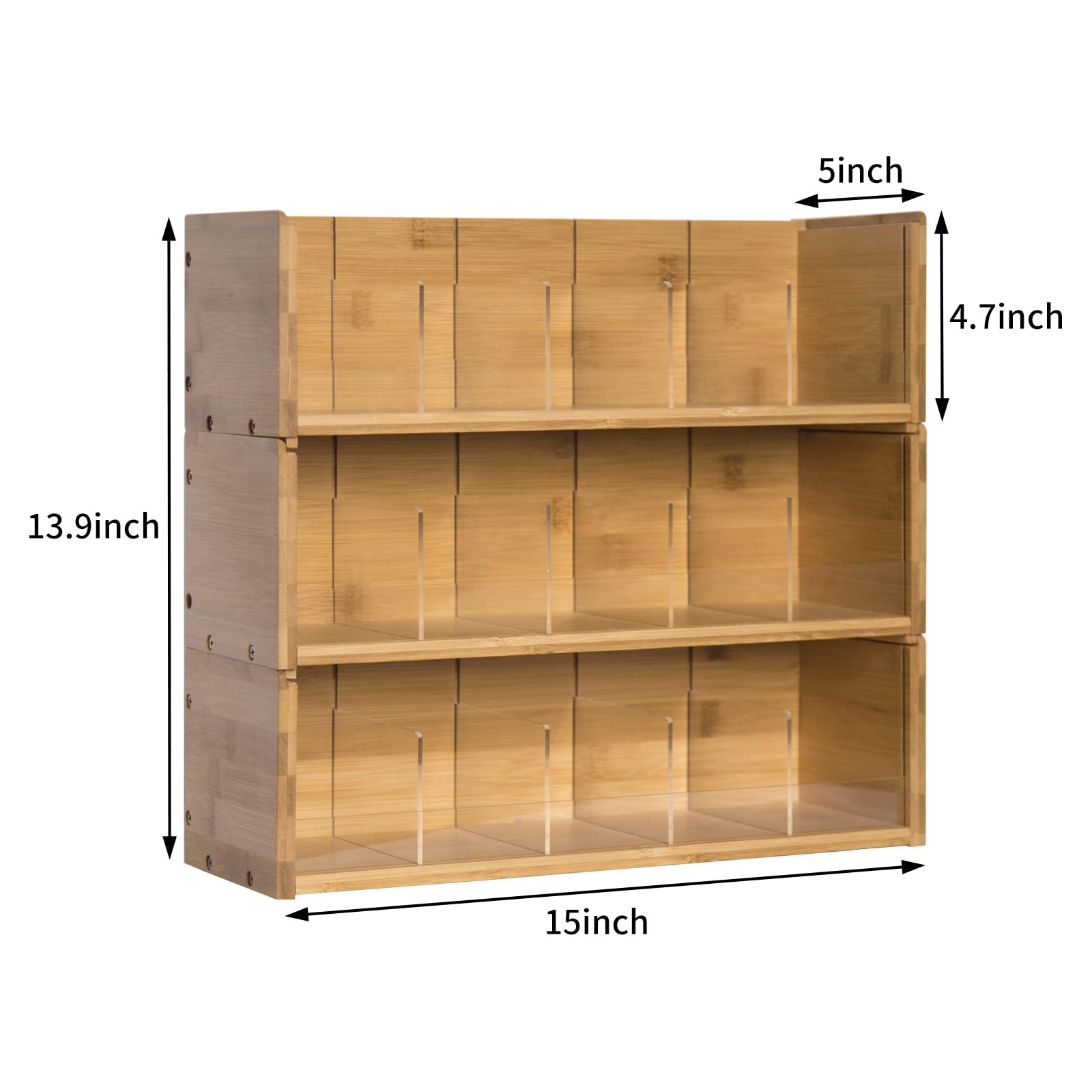 X-cosrack 3-Tier Stackable Bamboo Tea Bag Organizer Storage Box - Natural Wood Wall Mount Tea Chest with Acrylic Lid for Tea Bags - Perfect for Office, Kitchen Cabinet & Pantry Organization