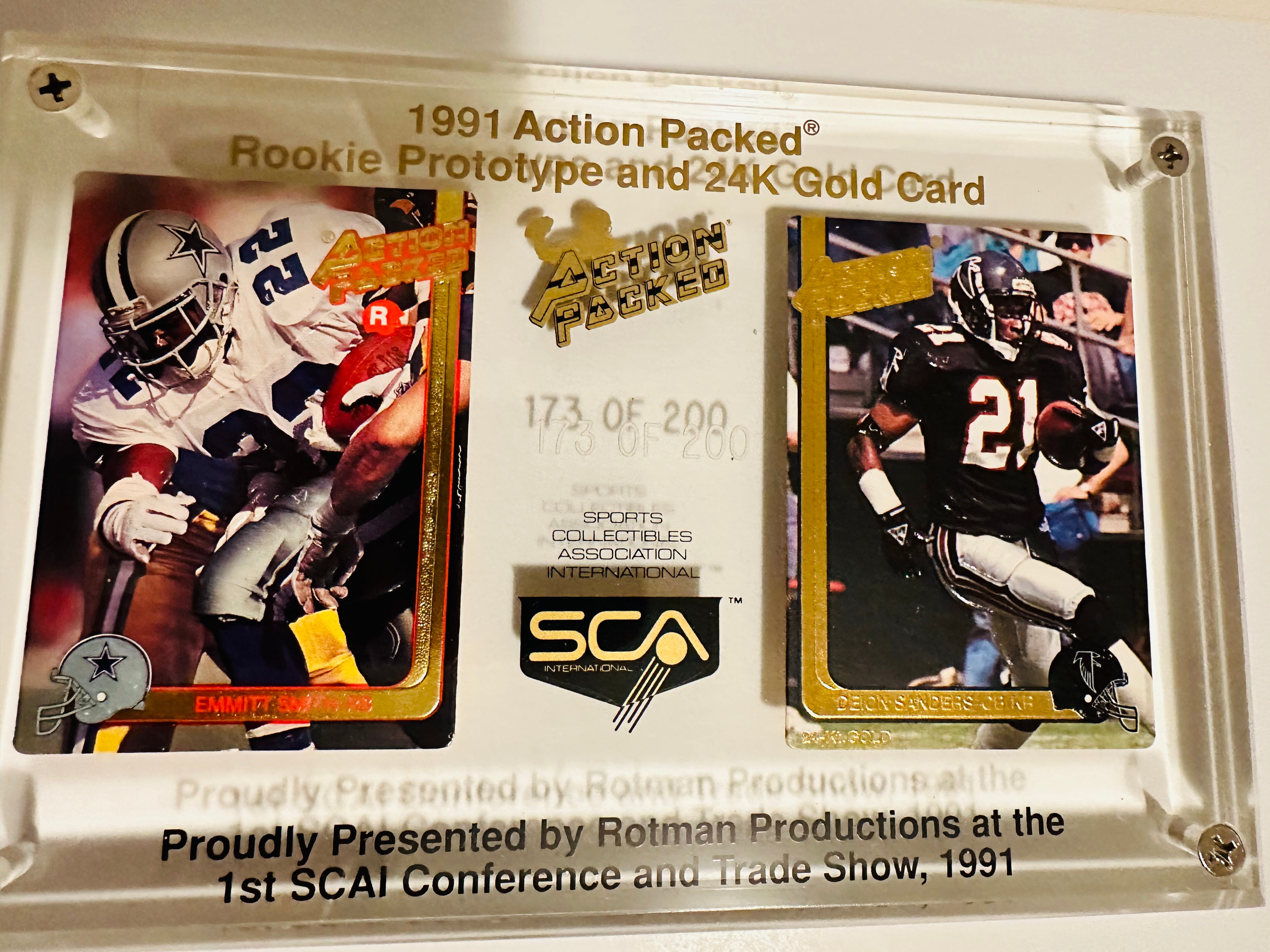 Rare Limited Edition SCA Dinner Lucite Football Display with Emmitt Smith Rookie Promo #173/200 - Perfect for Sports Memorabilia Collectors and Dallas Cowboys Fans