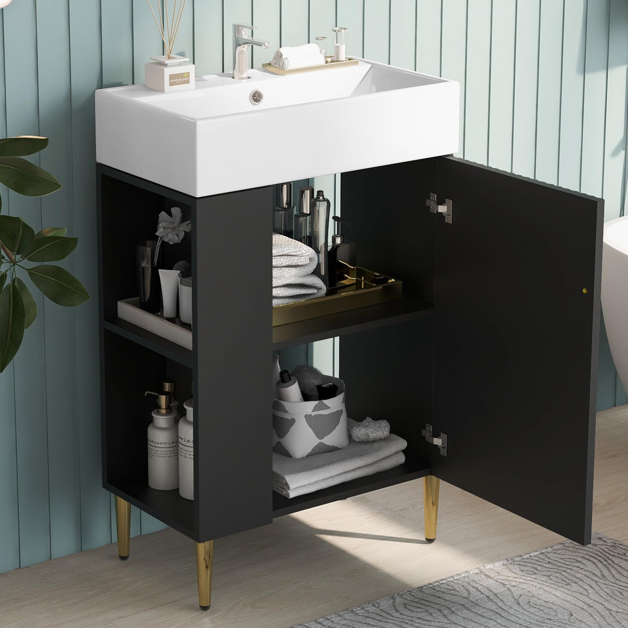 21.6 Inch Modern Bathroom Vanity Set with Ceramic Sink - Space-Saving Left Side Storage Cabinet - Black Bath Vanity Combo for Small Bathrooms | Perfect for Apartments, Powder Rooms & Guest Baths
