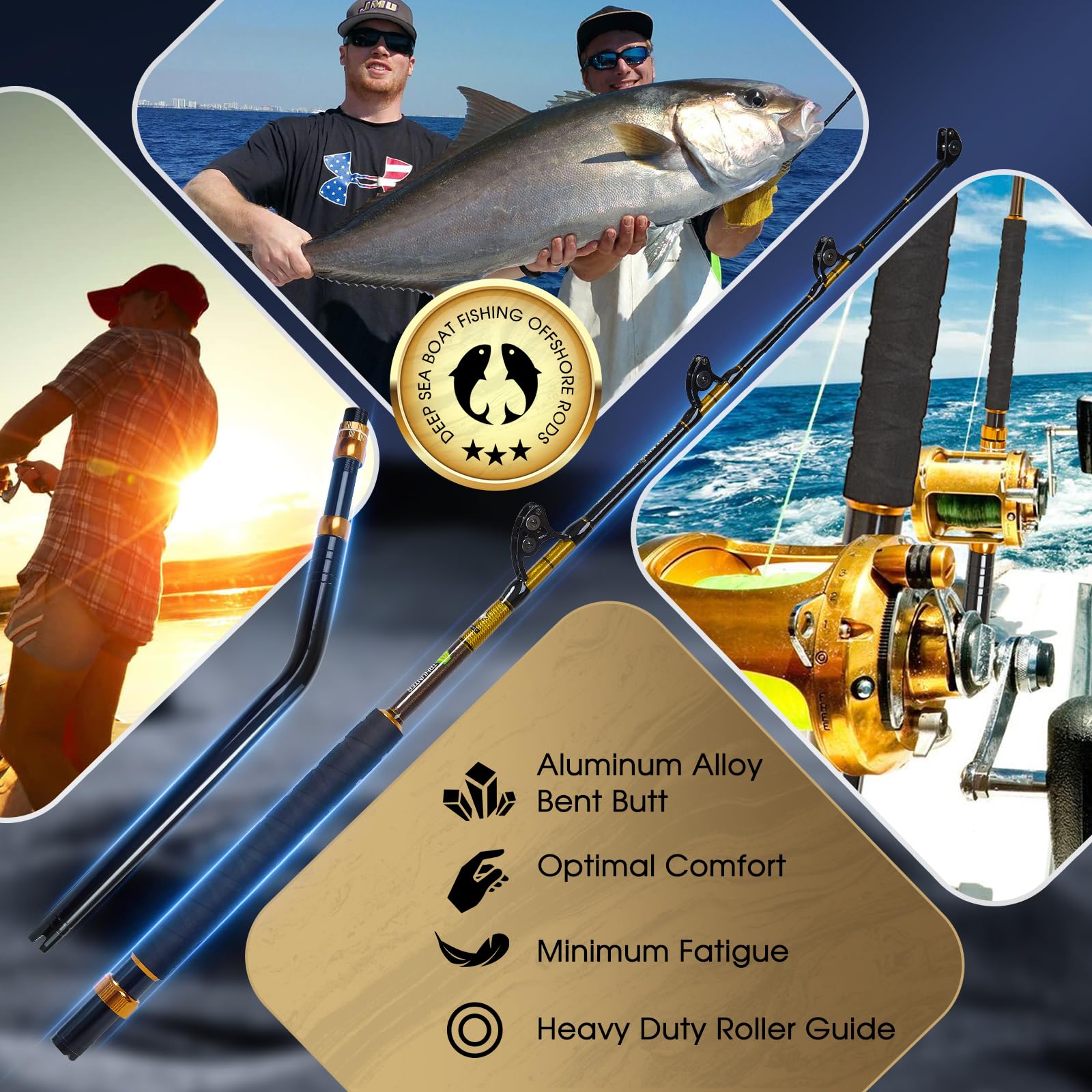 **Heavy Duty Offshore Trolling Rod - Saltwater Big Game Fishing Rod with Roller Guides - Perfect for Deep Sea Boat Fishing & Sportfishing**